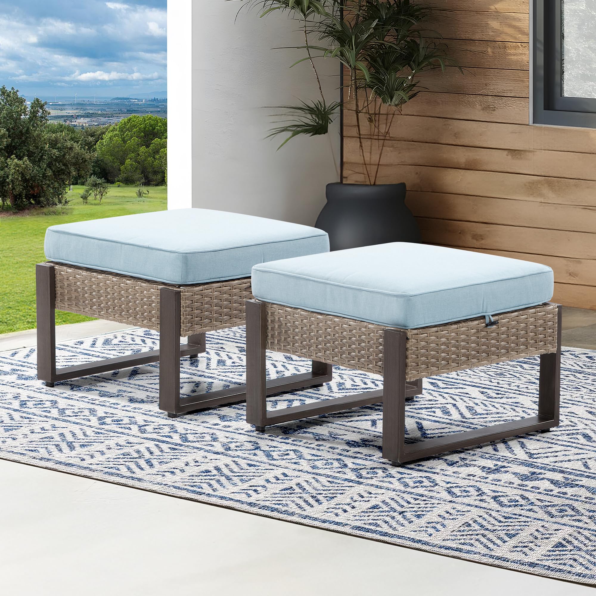 MeetLeisure Patio Wicker Ottoman Set of 2, Outdoor PE Rattan Footstools with Removable Cushions & Metal Steel Framed Legs for Garden Backyard Porch Deck, Baby Blue