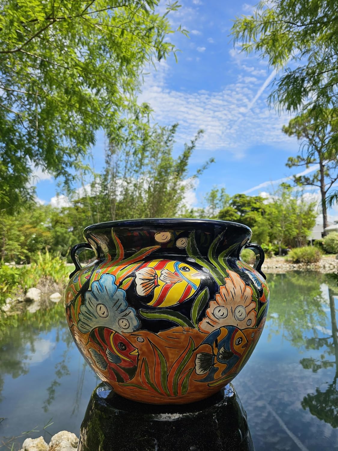 Michoacana Planter Large Hand Painted Pot Indoor Outdoor Multi Colored Dark Blue Fish