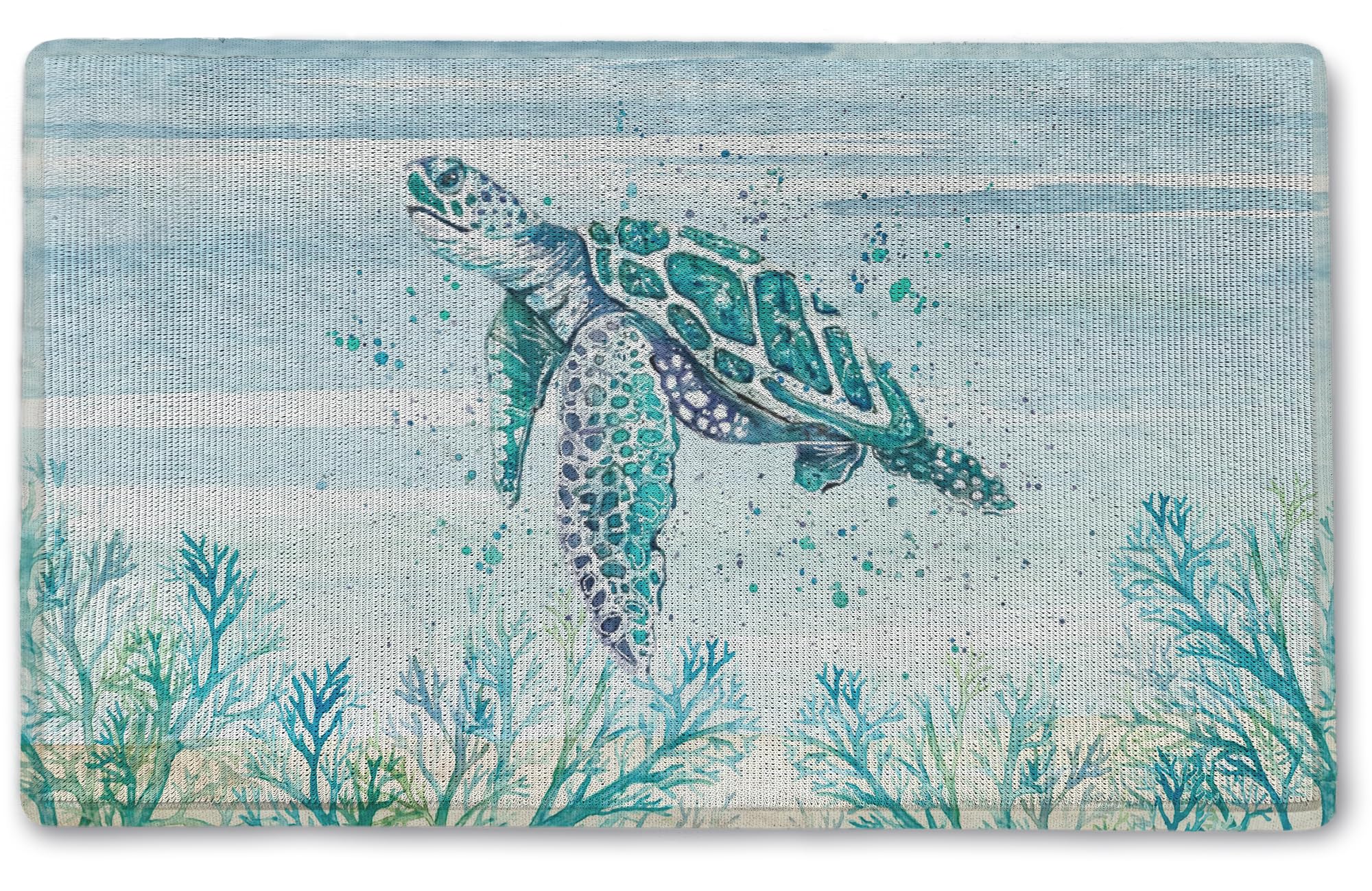Summer Decor Welcome Door Mat - Sea Turtle Coastal Beach House Kitchen Mat, Farmhouse Front Porch Entrance Indoor Outdoor Mat, White, 17 x 30 Inch