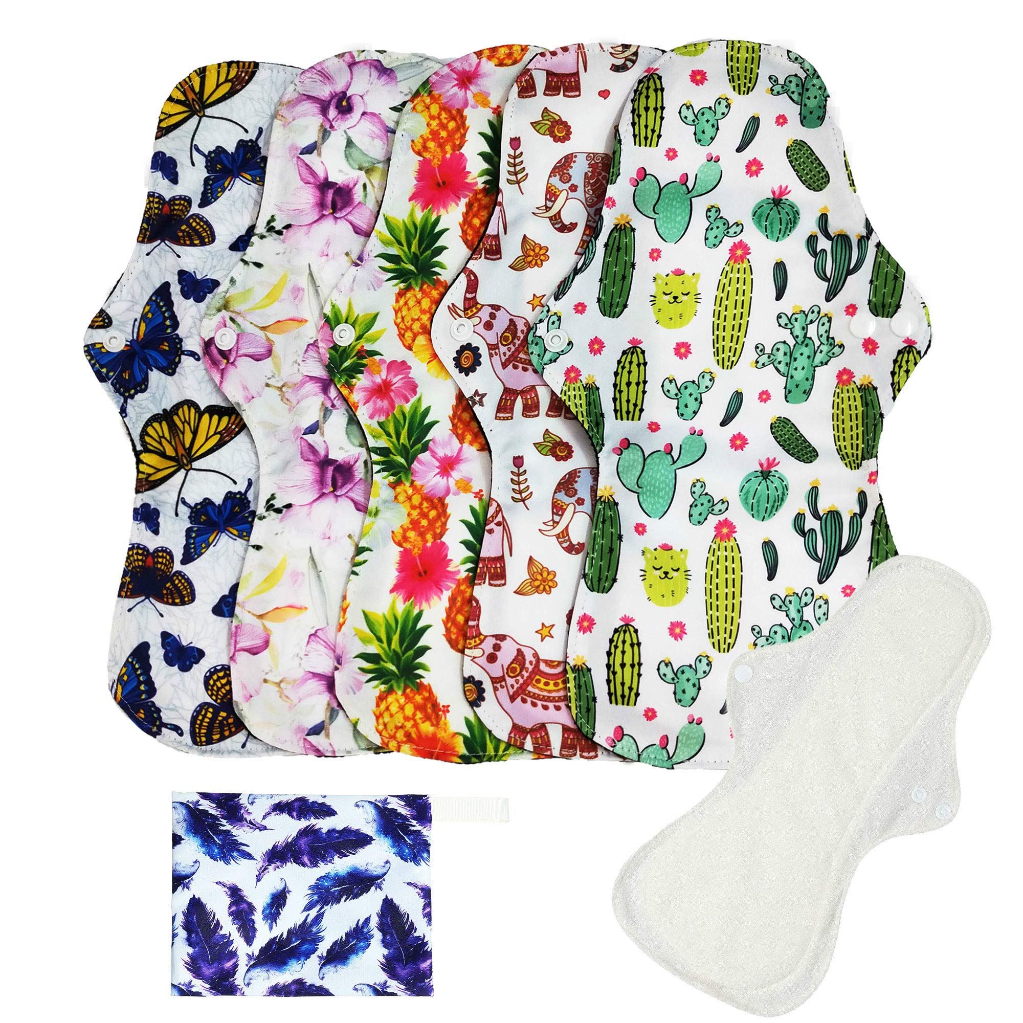 6Pcs Reusable Waterproof Menstrual Pad Sets Including 1 Mini Portable Bag + 5 pc Night Use Reusable Organic Bamboo Menstrual Pads for Heavy Flow Large Size Breathable Women Cloth Pads