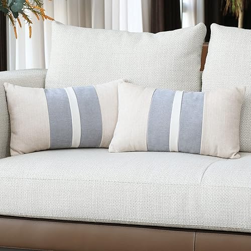 BOYSUM Juego de 2 fundas de almohada de retazos de granja de 12 x 20 pulgadas, juego de 2 fundas de almohada decorativas beige y gris para sofá,