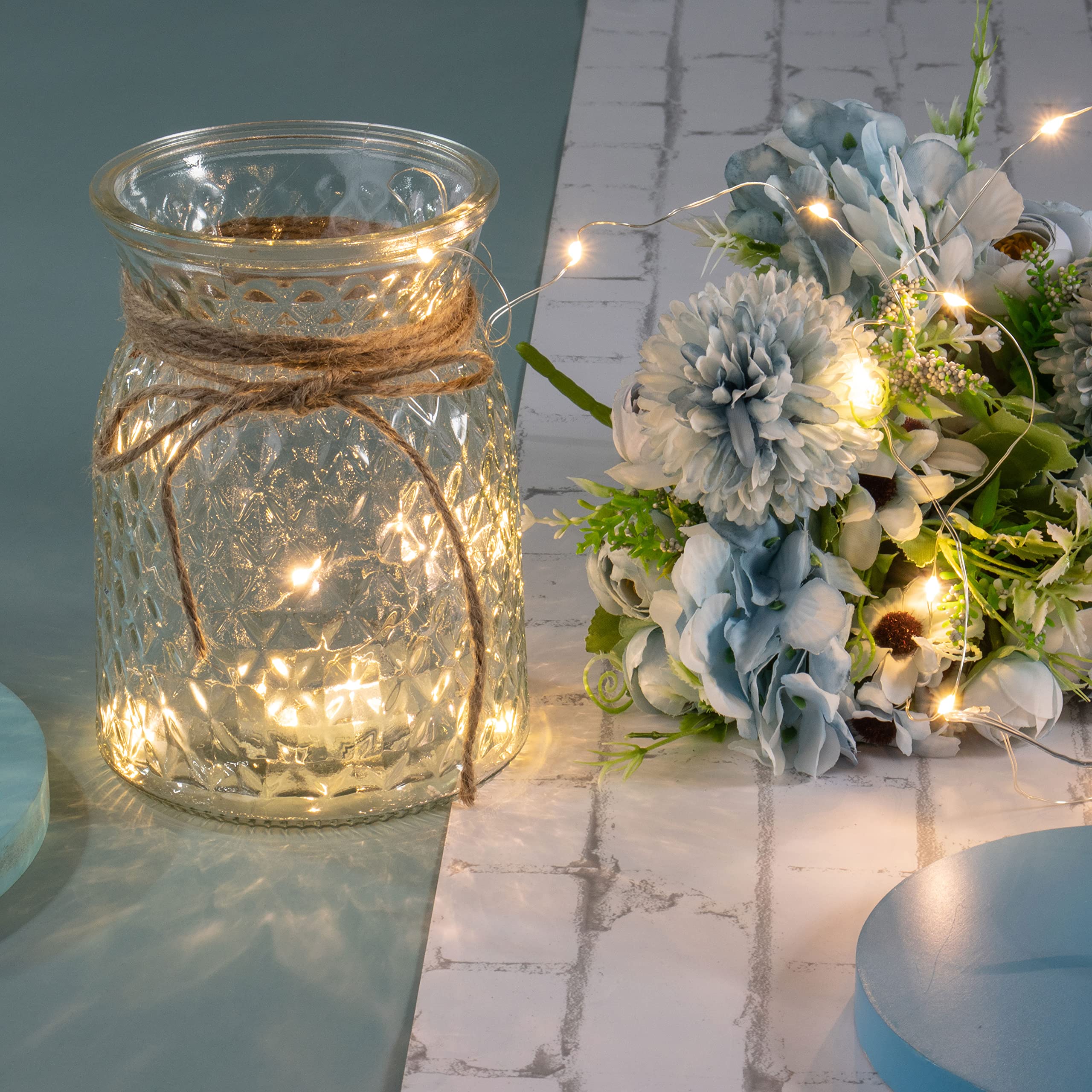 Flores de rosas azules artificiales LED con jarrón de cristal, luz LED con control remoto, arreglo floral para centro de mesa, decoración de boda en casa y oficina 5