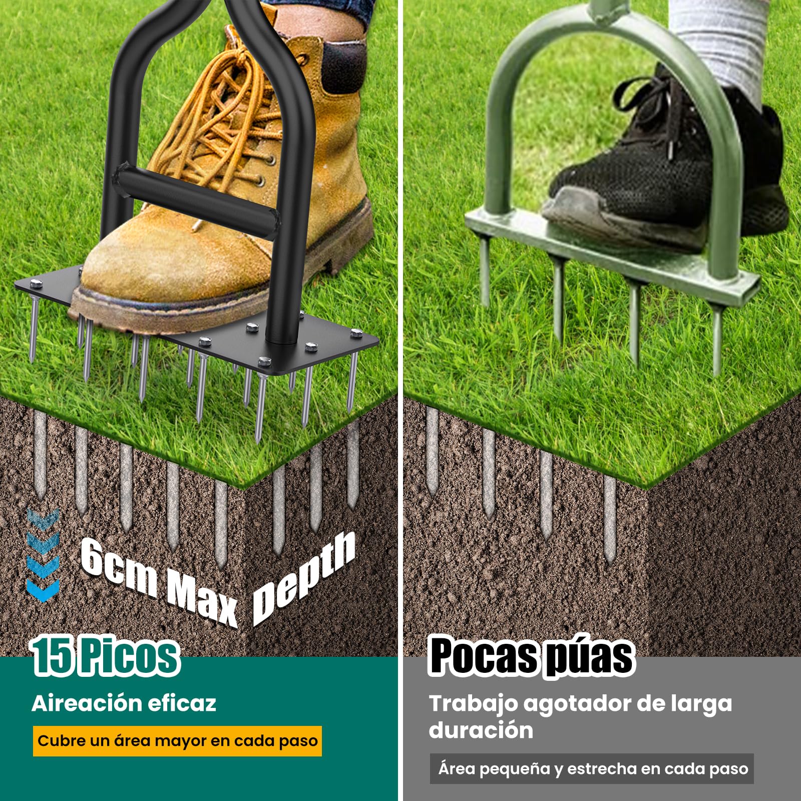 HYCHIKA Aireador Cesped para Cuidado de Suelo y Césped, 15 Pinchos de Acero Macizo, Mango en Forma de T, Escarificador de Cesped Herramientas hortícolas