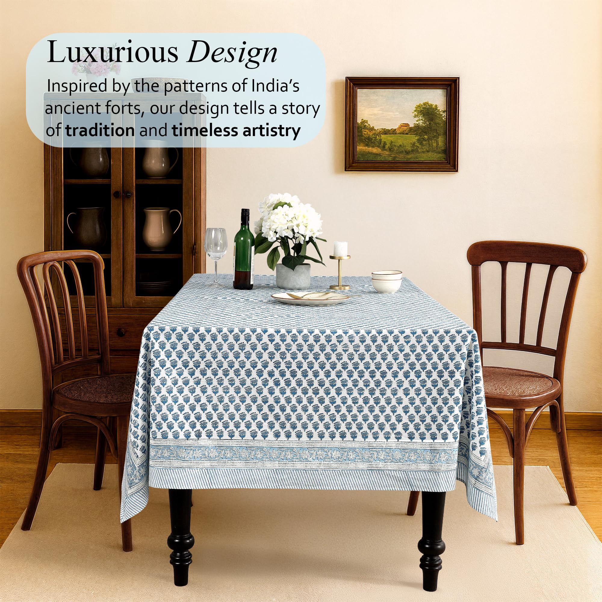 CPC Tablecloth 100% Cotton 60x60 Inch Indian Block Print Square Table Cover, Table Cloth for Weddings, Spring/Summer, Barbeque - Apatite Blue