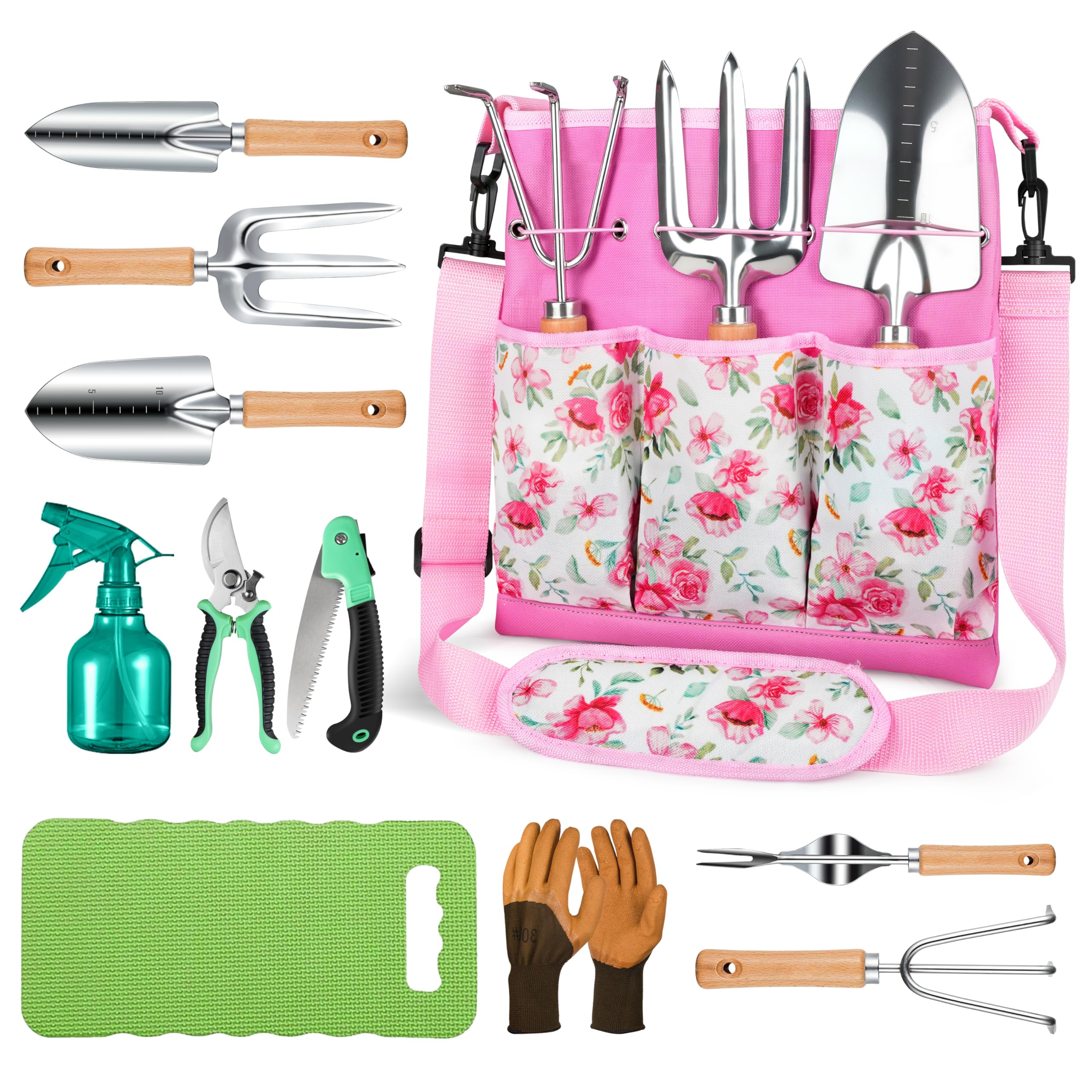 All-in-One Garden Tool Set, 11-Piece Heavy Duty Gardening Tools with Ergonomic Canvas Shoulder Crossbody Bag, Rust-Proof Premium Garden Tool Kit, Gardening Gift for Women Men, GR003, Pink