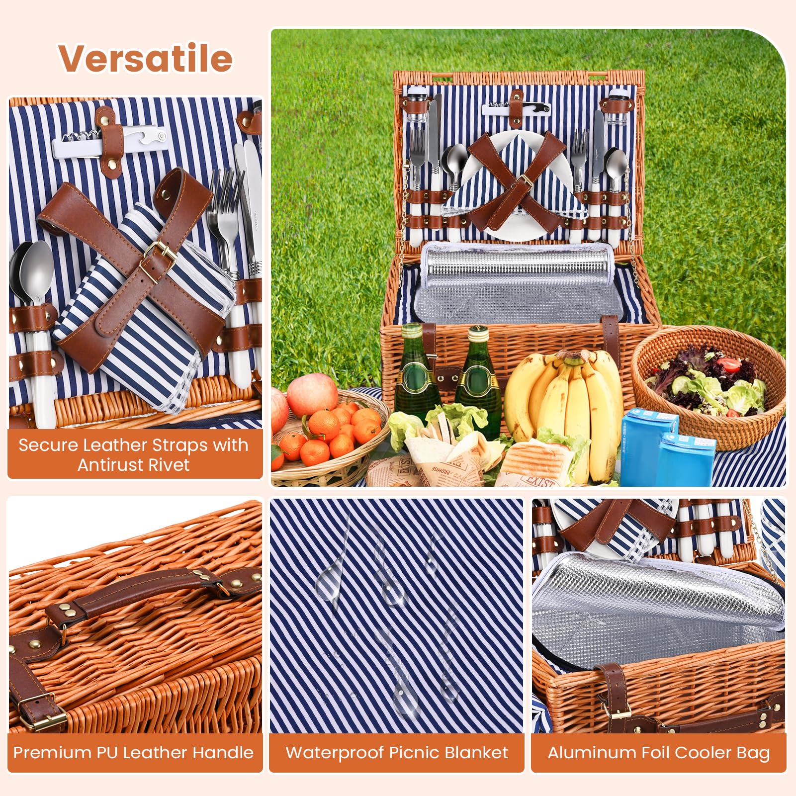 Cestino da Picnic in Vimini per 4 Persone, Cesto Picnic con Scomparto Termico, Coperta Impermeabile, Piatti, Bicchieri, Posate, per Campeggio, Festa all'Aperto, Spiaggia, Escursioni, Blu