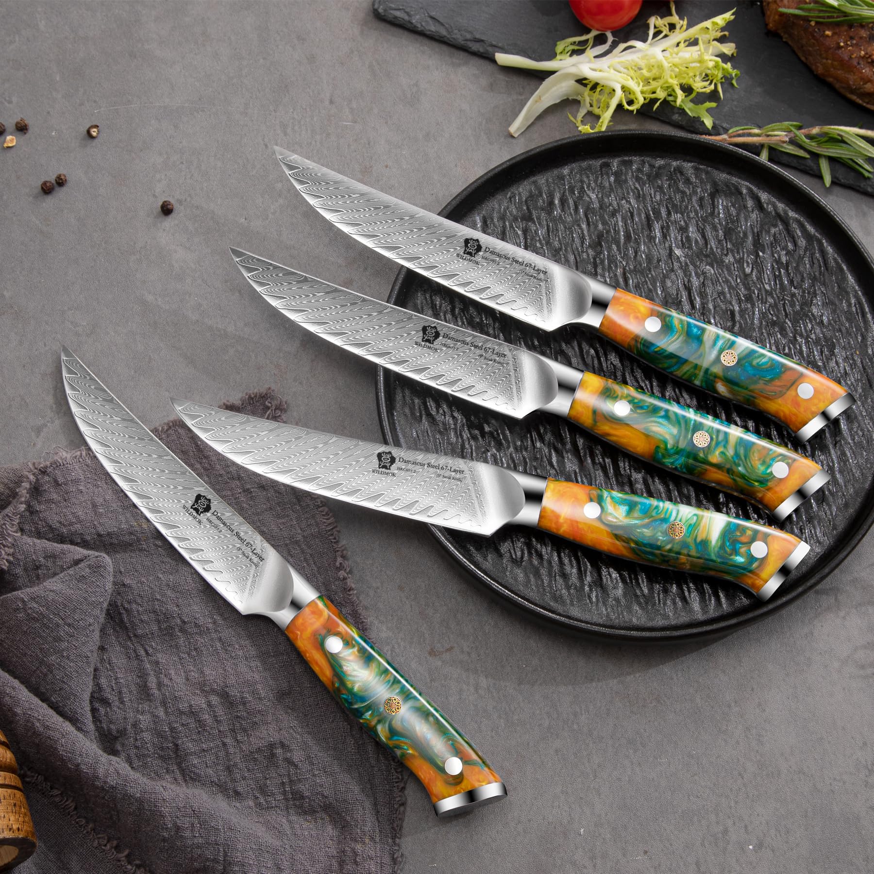WILDMOK Cuchillos para carne, juego de 4 cuchillos para carne no dentados de 5 pulgadas, cuchillos para carne japoneses Damasco VG10, juego de cuchillos para carne premium con caja de regalo