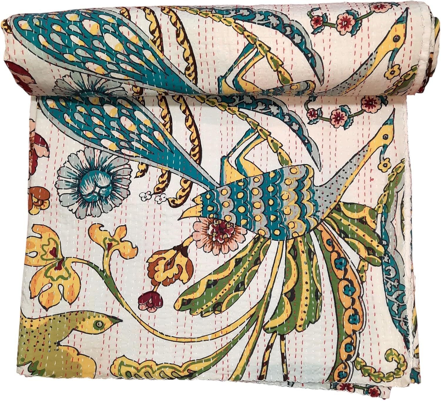 Indian Block Print Cotton Quilts, Indian Blankets for Bed, Vintage Kantha Quilts Handmade, Cotton Throw Blanket from India