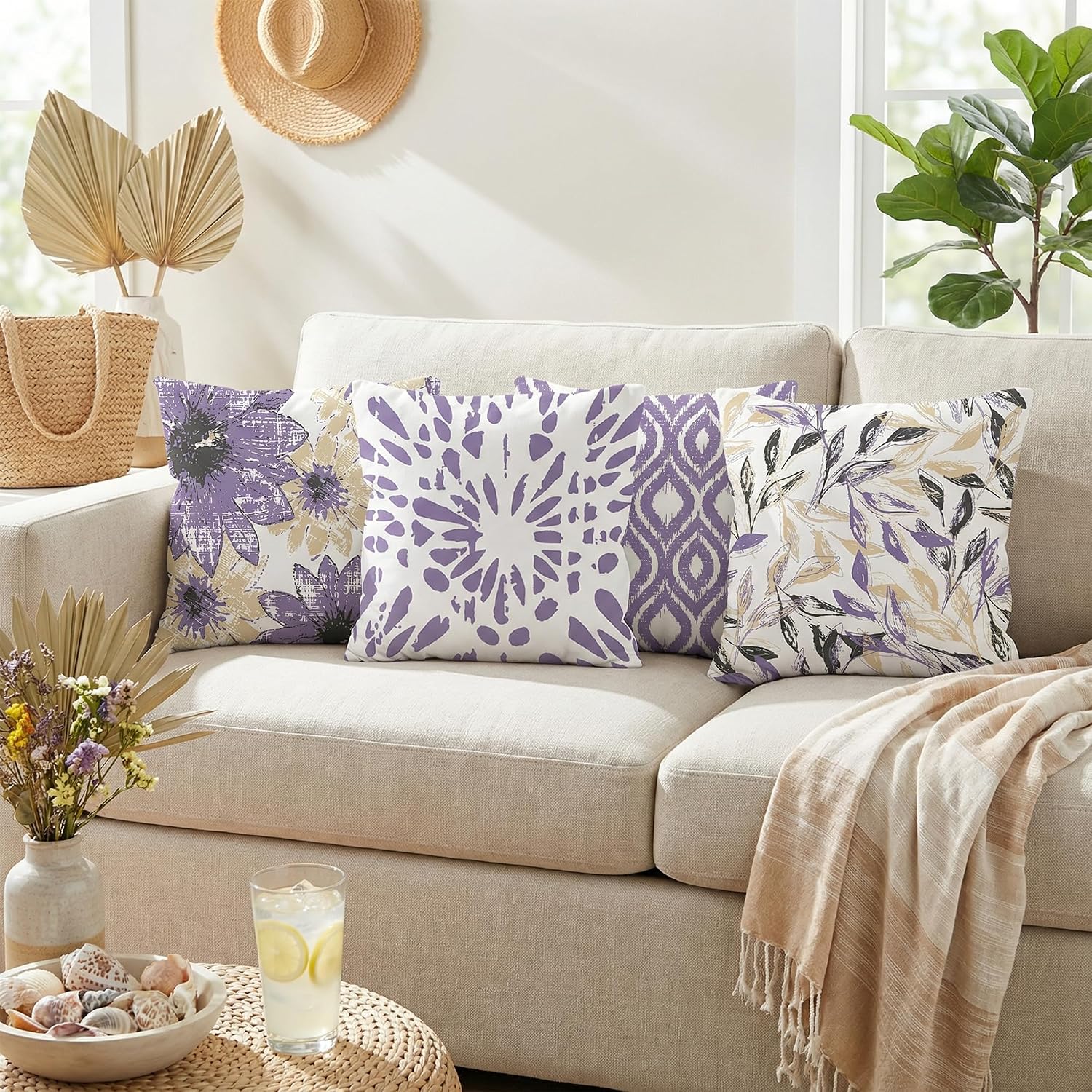 FUTBU Purple Floral Leaves Boho Throw Pillow Covers 18x18 Inch Set of 4, Spring Summer Check Farmhouse Cushion Case, Seasonal Party Holiday Decoration for Sofa Couch image 4