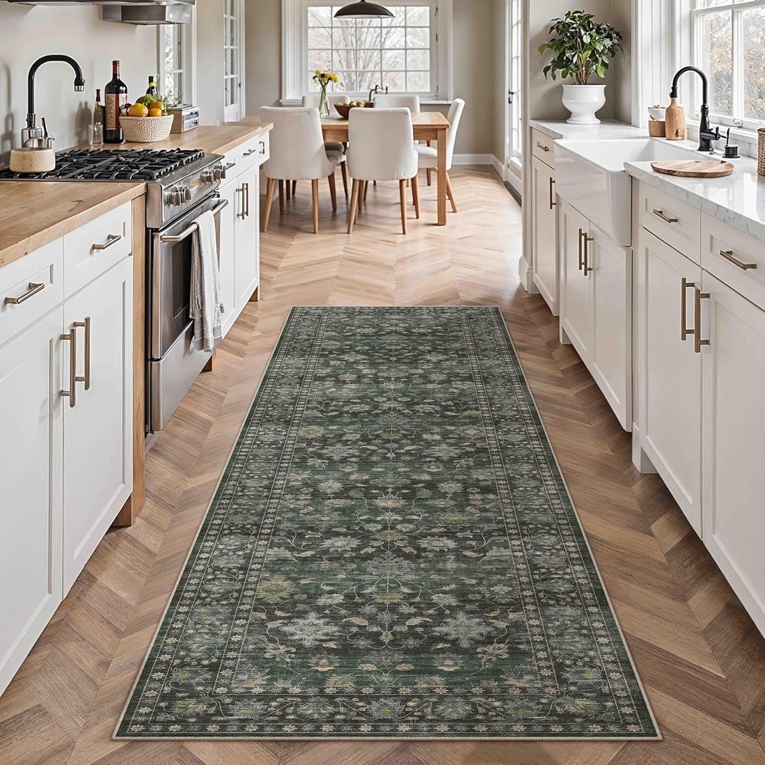 HUGEAR 2x6 Runner Rug Hallway Vintage Green Machine Washable Retro Floral Low Pile Carpet Vacuumable Distressed Long Throw Rug Bedroom Office Bathroom Kitchen Farmhouse Playroom Non Slip