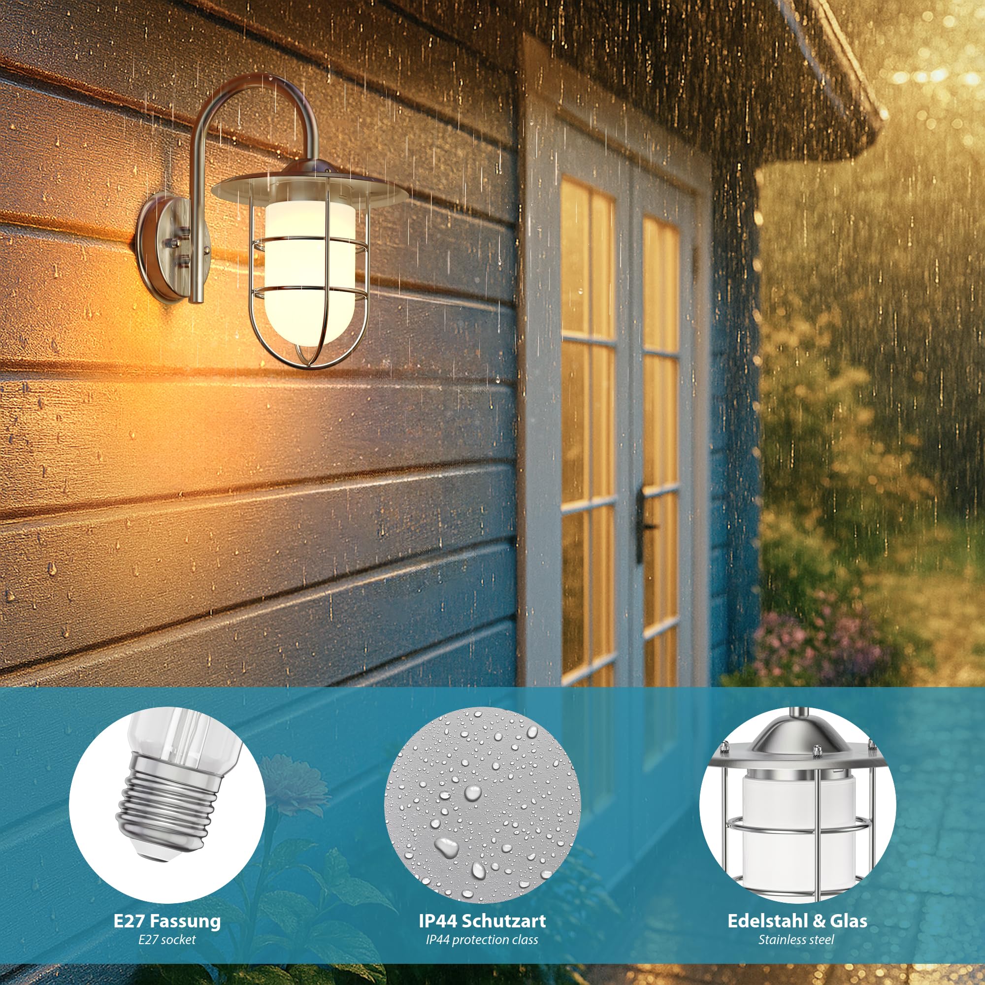 ledscom.de 2x Außenwandleuchte Edelstahl IP44, E27, Außenleuchte VITARC | Maritime Wandleuchte aus Edelstahl mit Glas, E27-Fassung, ideal für Eingang, Terrasse und Garten.