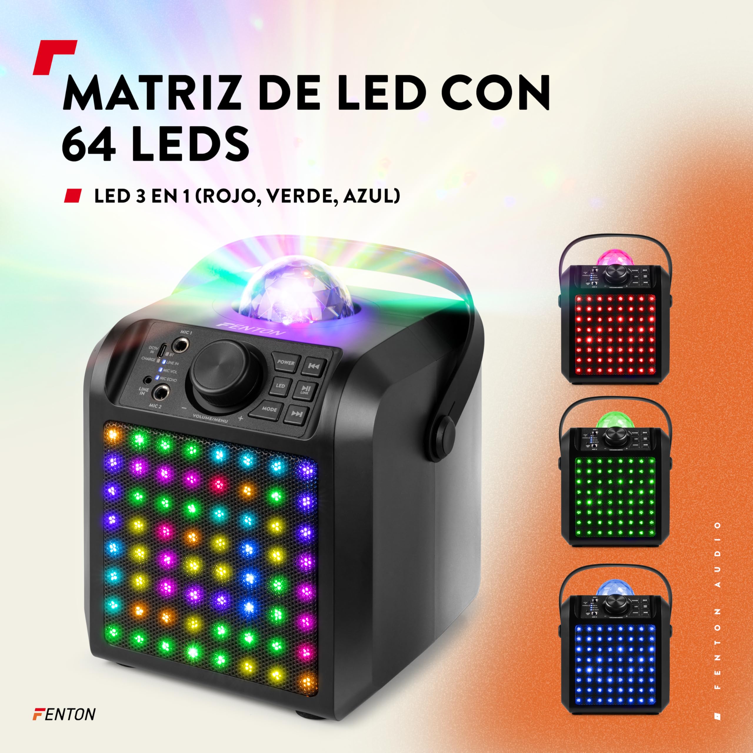 Fenton KAR55B – Altavoz Karaoke Bluetooth 50W con 2 microfonos con Cable, batería Recargable, Luces LED RGB, Jelly Ball Bola de Discoteca, Altavoz portatil con AUX y Bluetooth 5.0, Color Negro