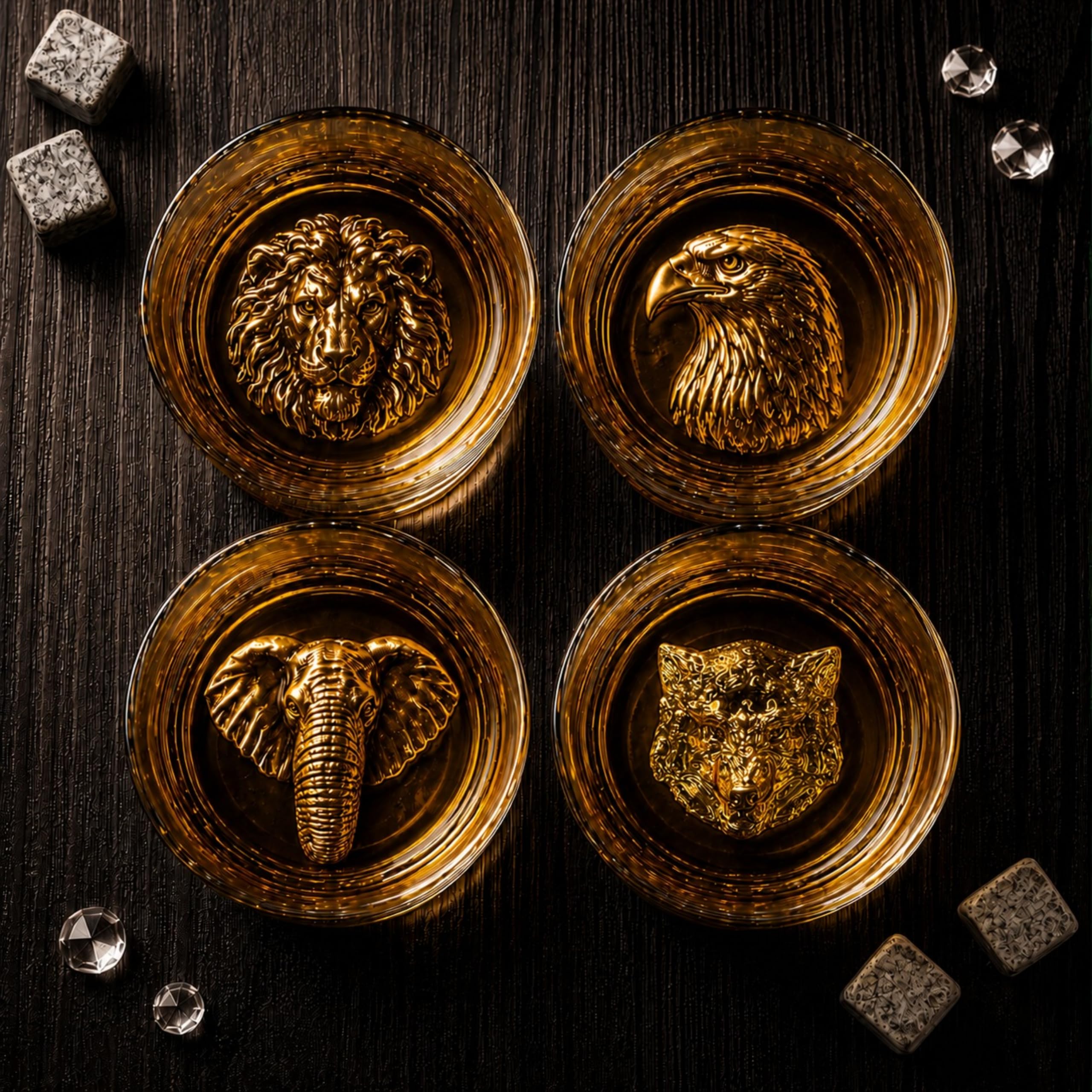 Melbify Gold Animal Label Whiskey Glasses | Set of 4 | 300 ml | High Balled & Animal Embedded | Ideal for Serving Whiskey, Cognac, Vodka, Gin | Suitable for Home, Restaurants & Bars