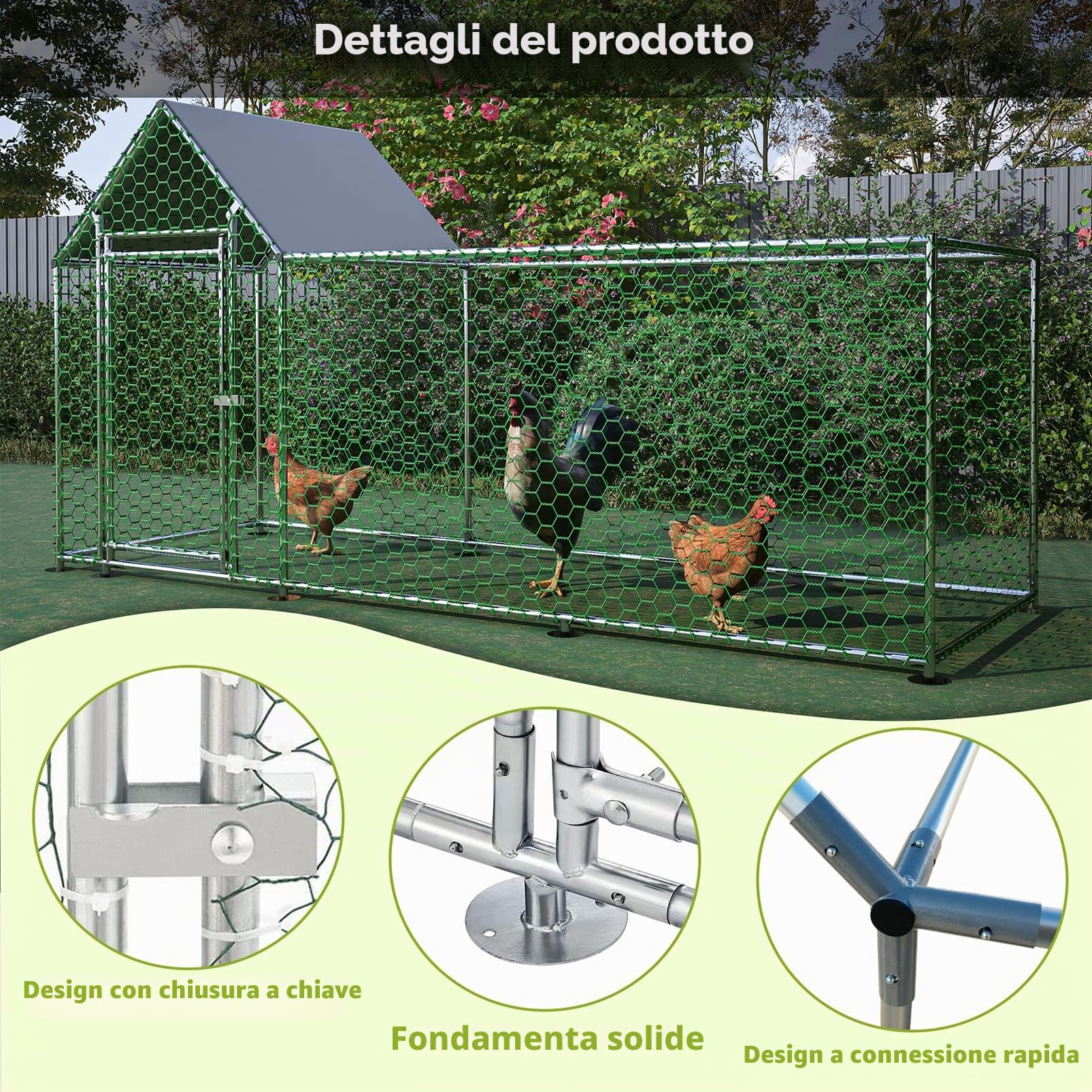 Pollaio per Galline da Esterno, 3x1x1.5m Recinto per 8-12 Galline in Acciaio Zincato, Gabbia per Polli con Tetto Impermeabile Anti-UV Mangiatoia Serratura per Piccoli Animali Conigli Anatre