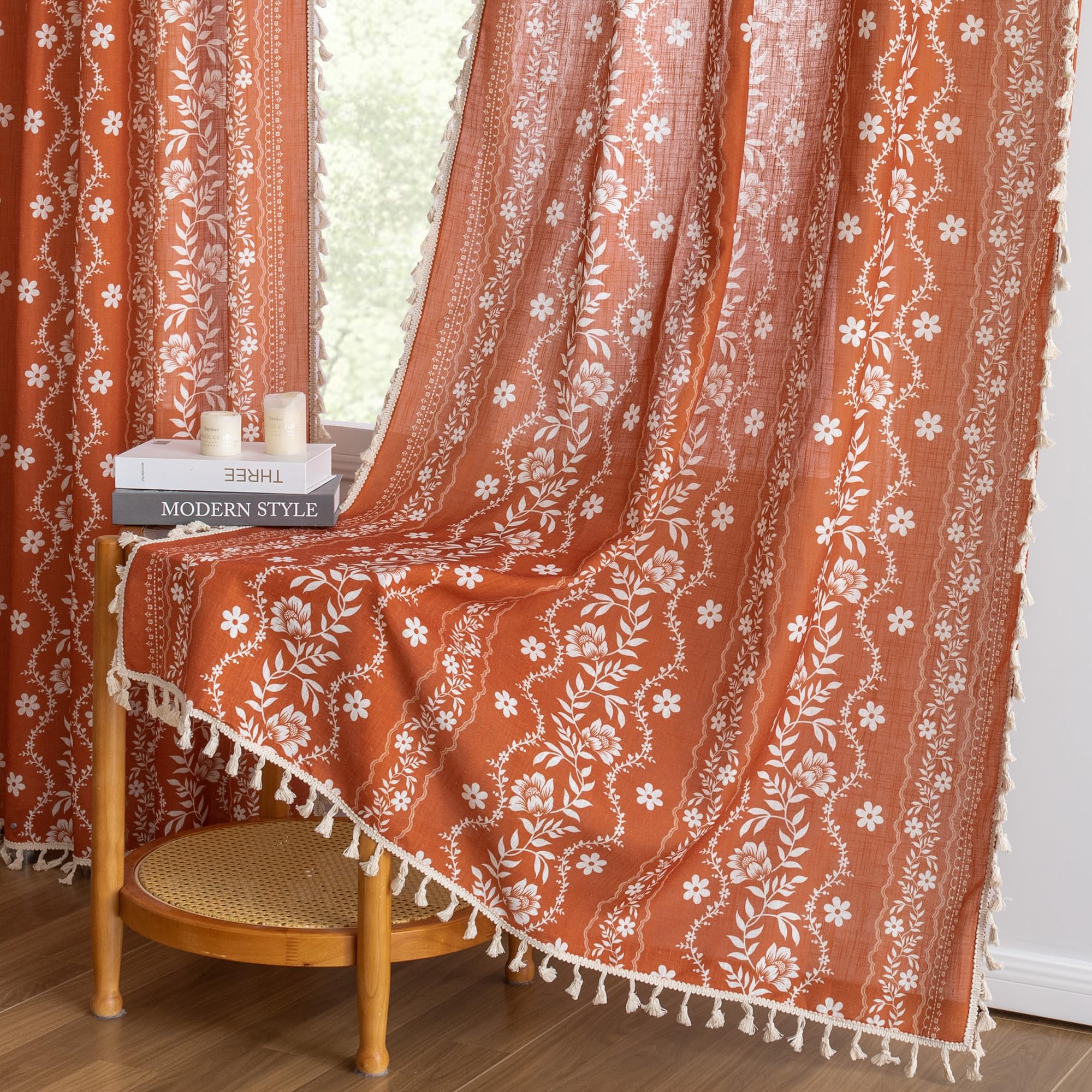 MYSKY HOME Terracotta Boho Floral Linen Curtains 96 Inch Length for Bedroom
