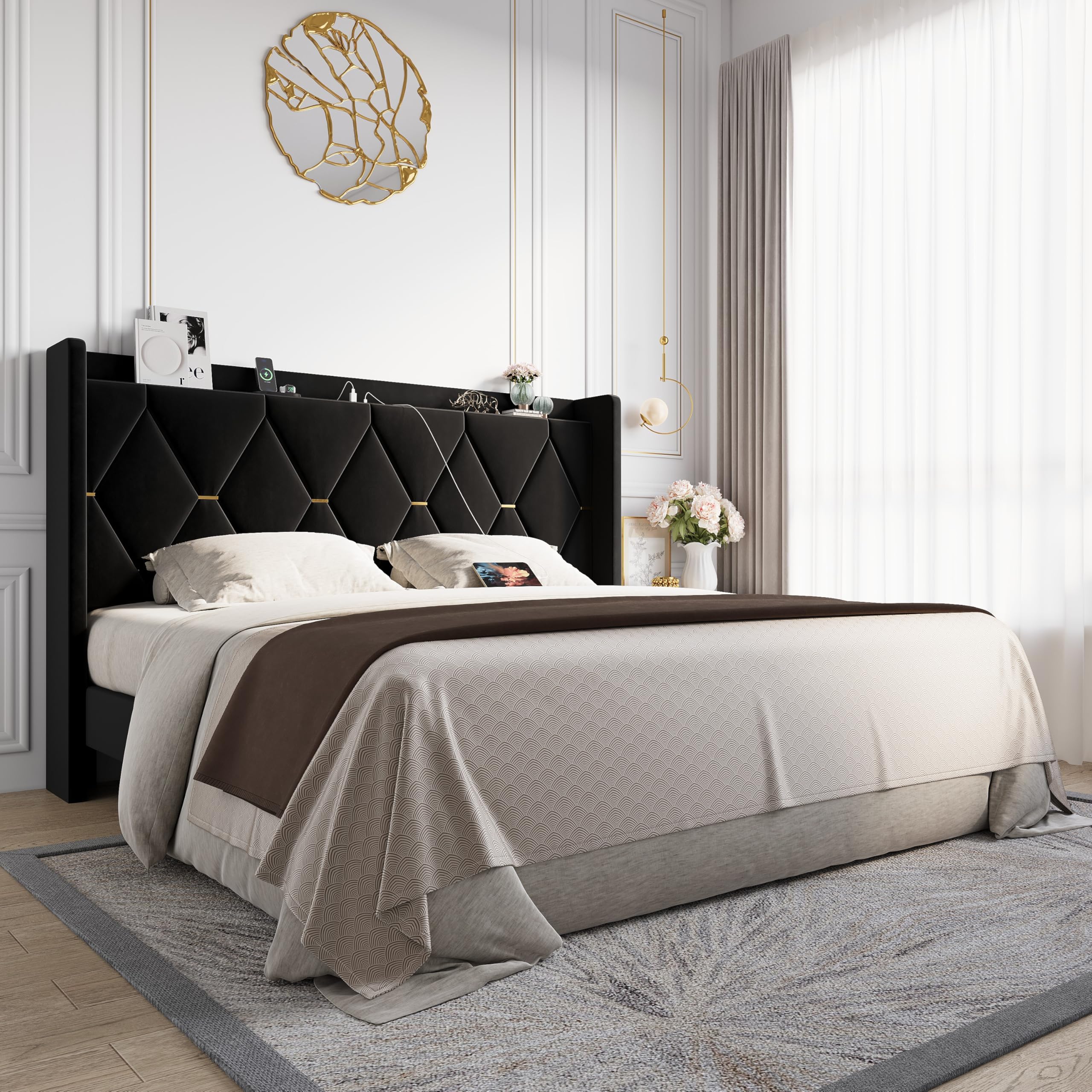 Allewie Velvet King Size Upholstered Bed Frame with Wingback Storage Headboard & Charging Station, Platform Bed with Diamond Tufted Design & Gold Trim