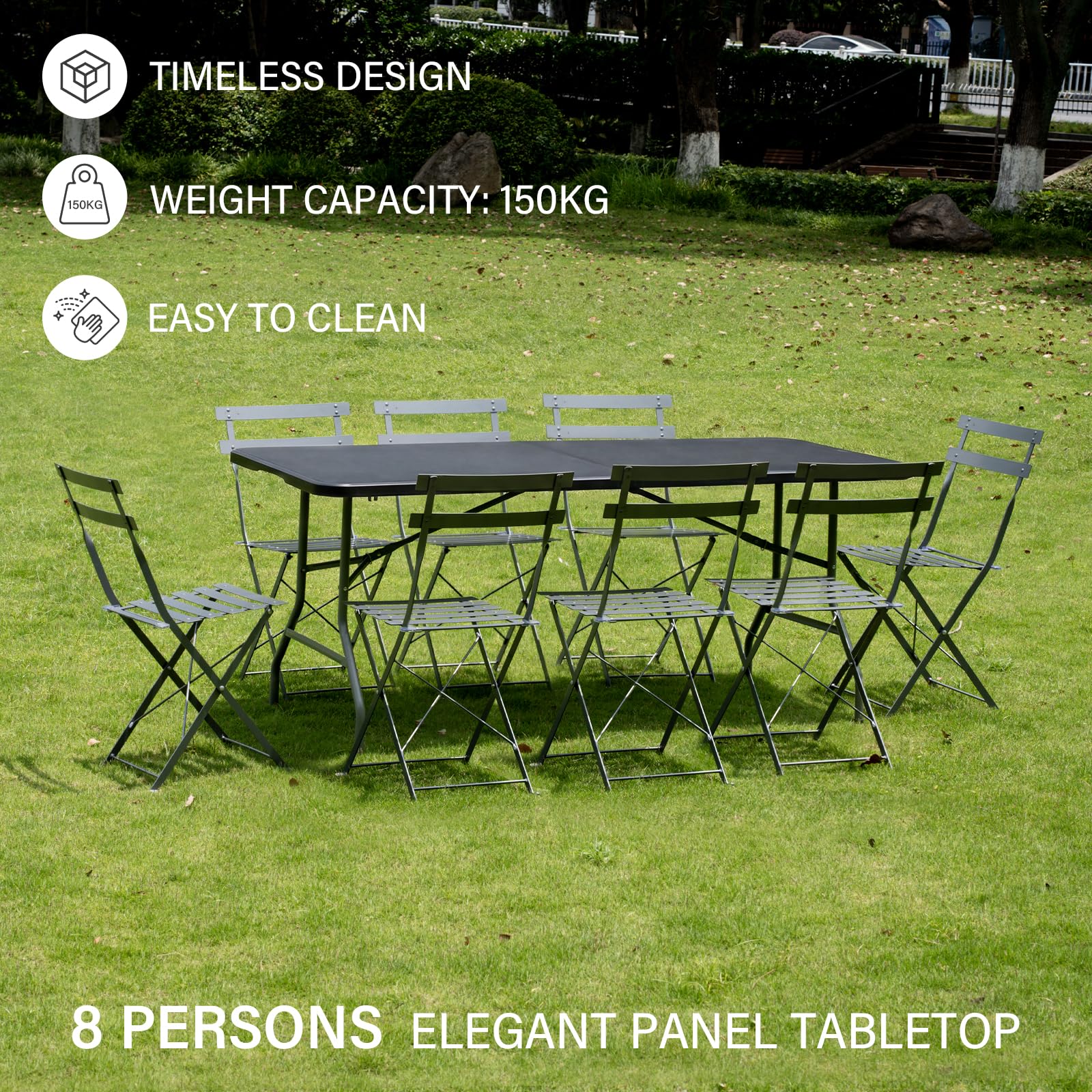 TEENO Tavolo pieghevole 180 x 74 x 74 cm | rettangolare nero | tavolo pieghevole esterno 6 oro 8 posti | con serratura di sicurezza | HDPE | tavolo da giardino pieghevole perfetto per credenze, feste