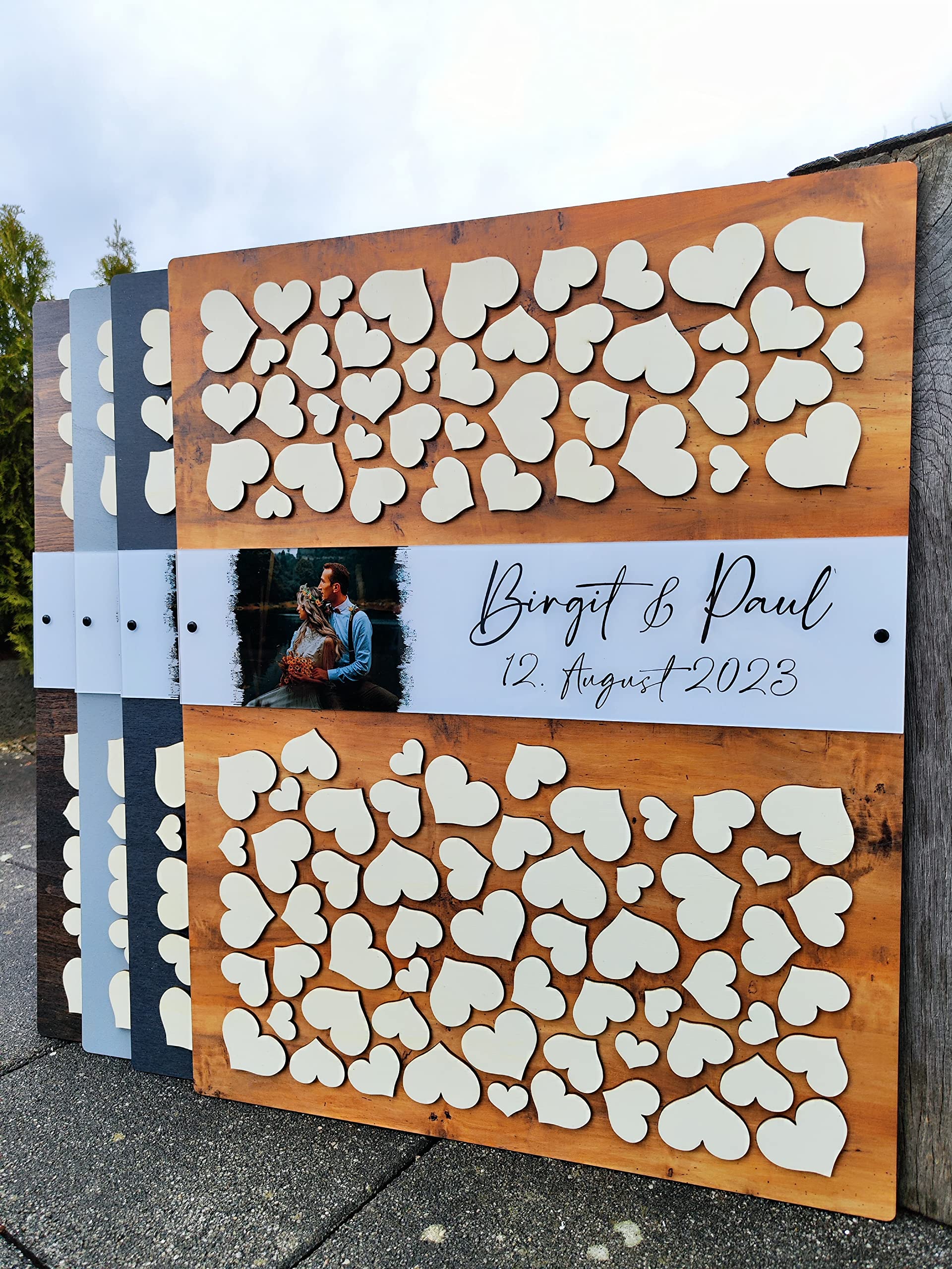 Personalisiertes 3D Gästebuch mit 60 Herzen aus echtem Holz und Acrylfoto - selbst gestalten - Gästebuch Alternative - Für Hochzeit und andere Anlässe (Anthrazit, 100 Herzen (60x75cm))