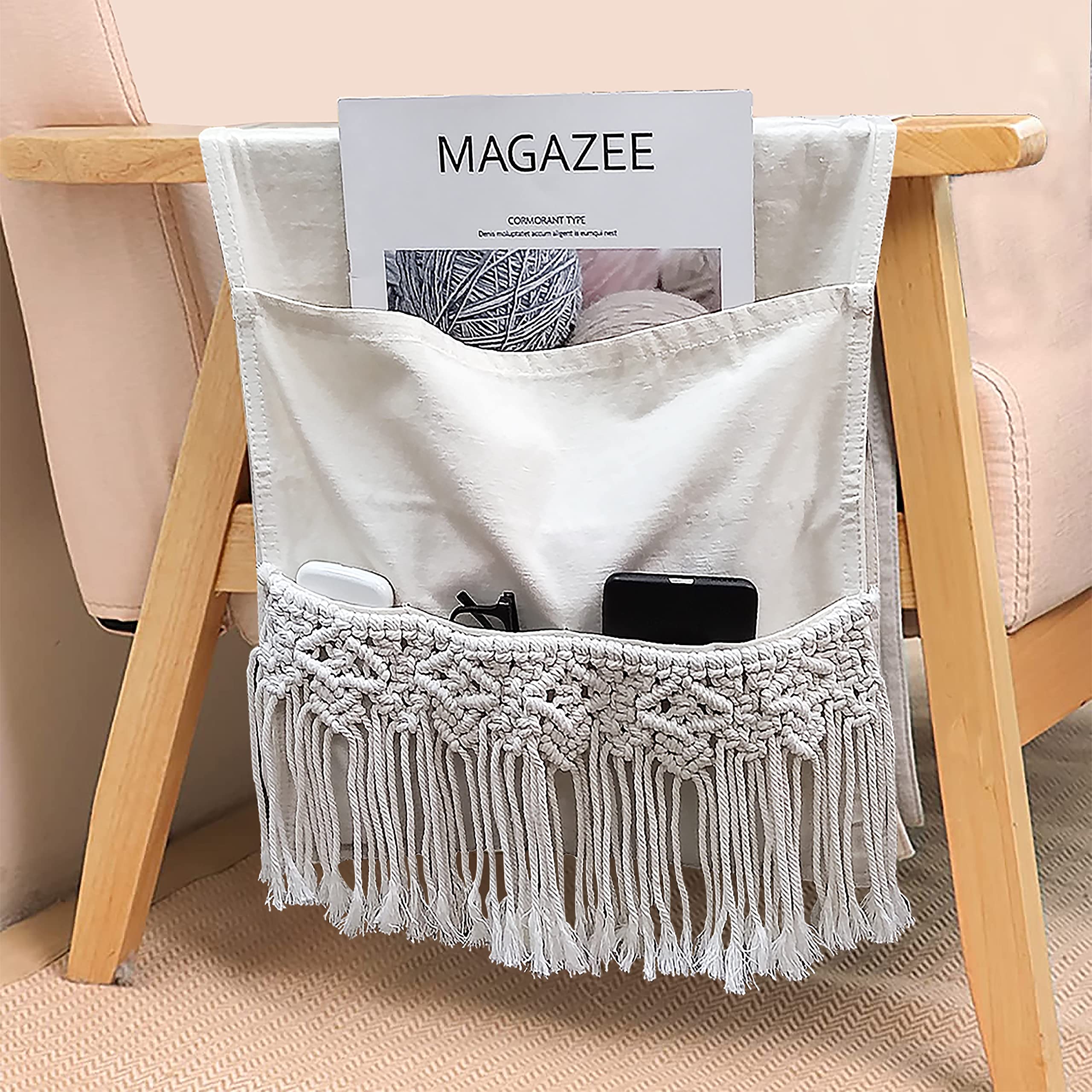 OCIOLI Armchair Caddy Bedside Storage Organizer Remote Control Holder Bed Caddy Organizer with 5 Pockets & Macrame Decor for Remote Control,Magazine,Books,Tablet,IPad (Ivory)