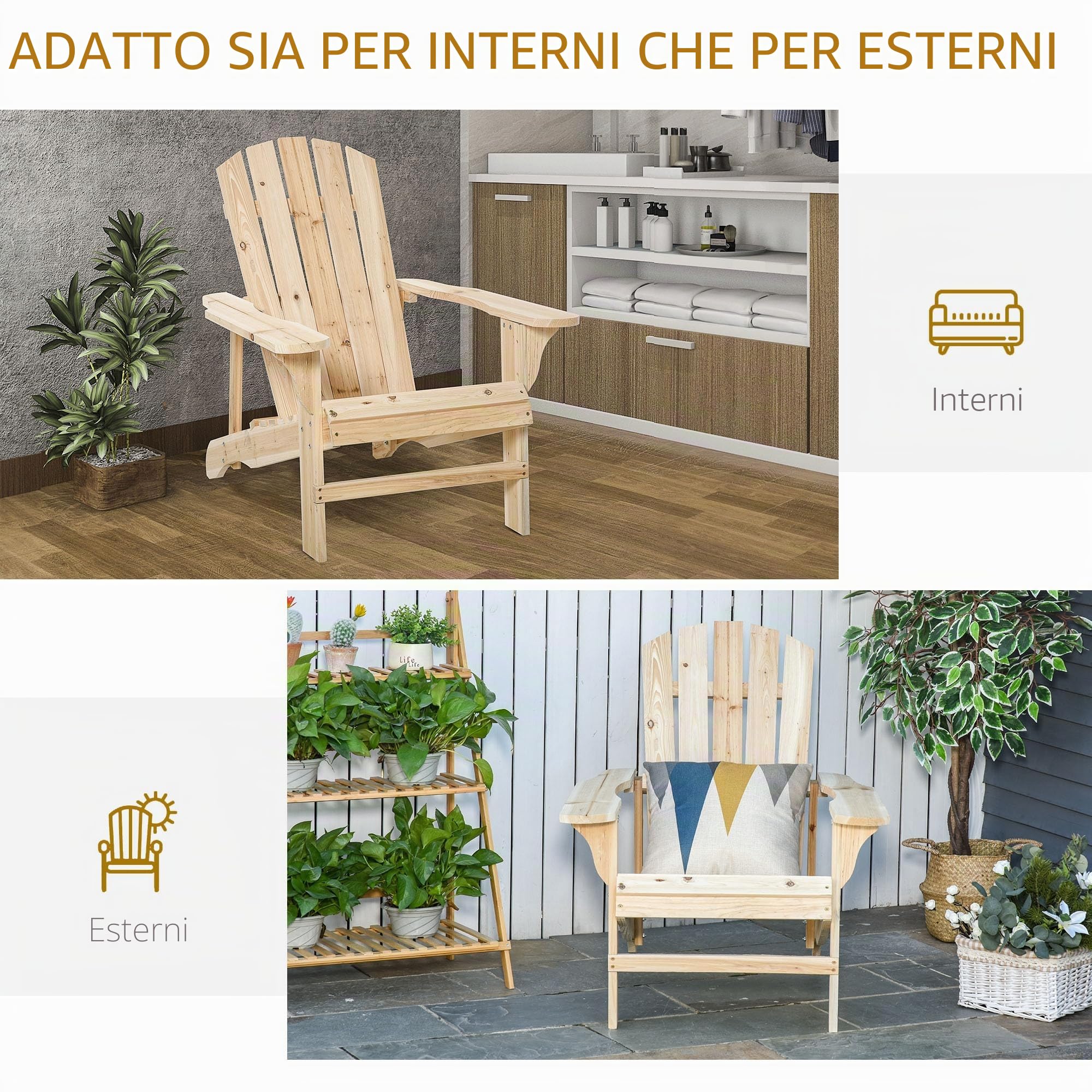 Outsunny Fauteuil adirondack Fauteuil de Jardin Chaise de Jardin de Plein Air dim. 78L x 89D x 88H cm Bois Massif Sapin Naturel pour Jardin, Terrasse et Balcon