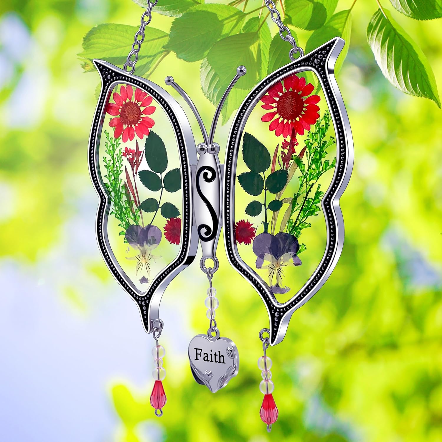 KY&BOSAM Butterfly Suncatchers for Windows Faith Stained Glass Wind Chime with Pressed Flowers & Heart Charm, Gifts for Mom/Grandma, Mother's Day Wedding Birthday Home Decor 8” Haning