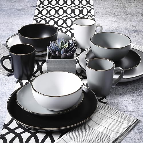 Miniatura 7 de Gibson Home Rockaway Round Stoneware Dinnerware Set, Service for 4 (16pcs), Matte White/Metallic Rim Colores surtidos (anillos festivos)