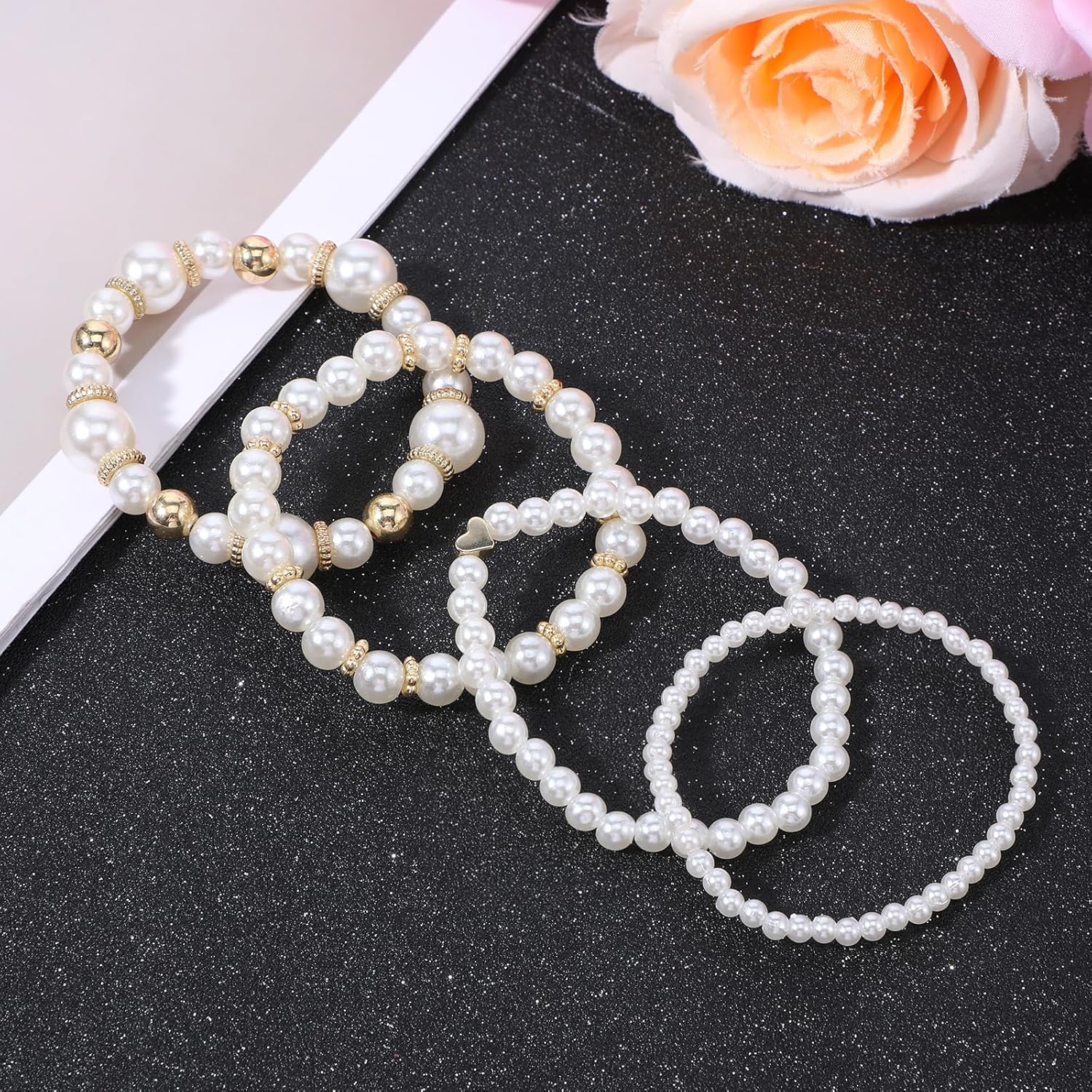 Yolev 4Pcs Pearl Bracelets for Women Stackable Stretch Bead Bracelets Elastic Pearl Bracelet for Bridesmaid Bridal Wedding - Image 7