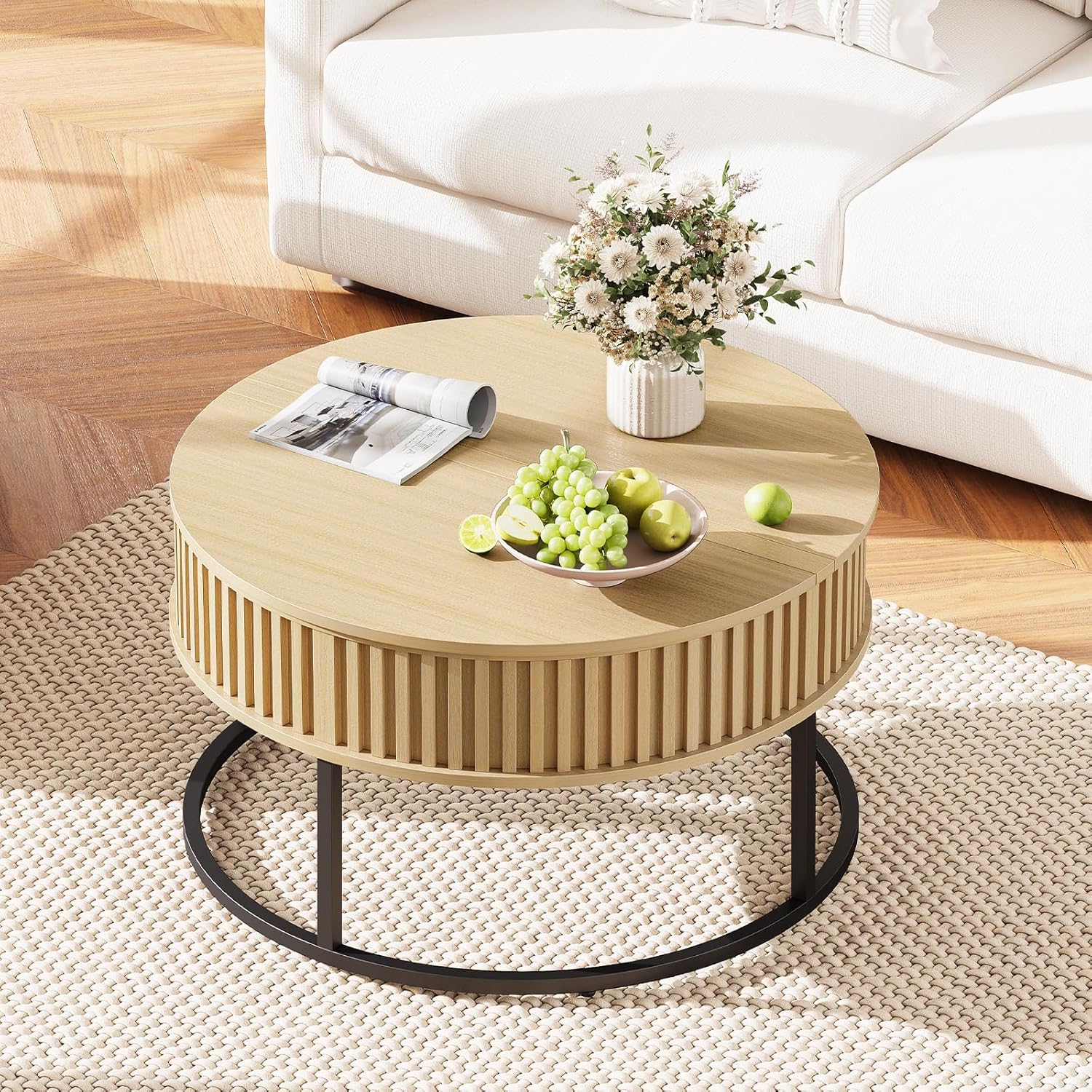 Round Coffee Table with Lift Top - Fluted Wood Center Coffee Tables for Living Room, Lifting Up for Dining, Large Hidden Circle Storage Compartment for Small Spaces, Mid Century Modern Natural