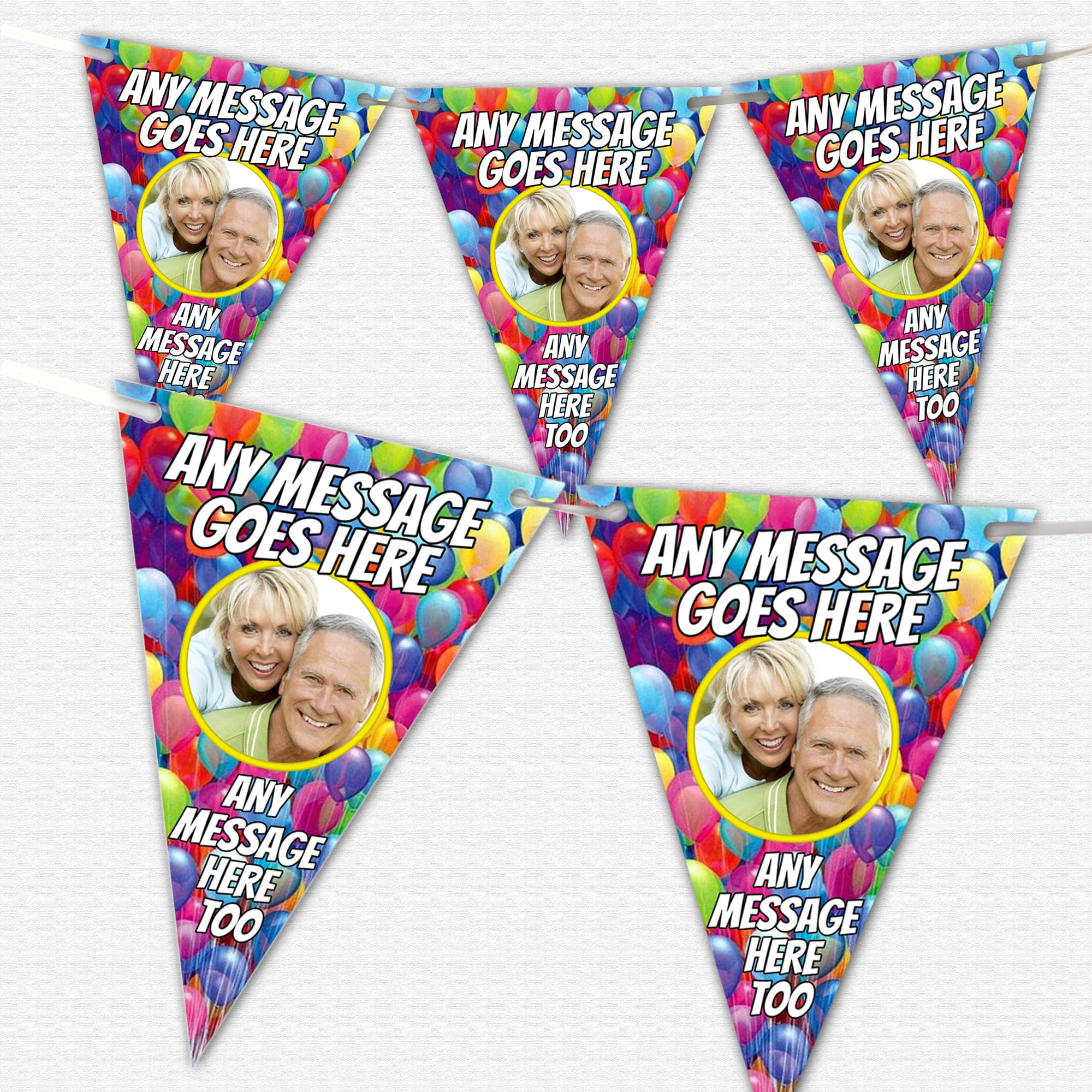 24 x Personalised Balloons Bunting With Photo And Text Of Your Choice - Large Triangle Flags including Ribbon For Banner - Birthdays, Weddings, Stag Dos, Hen Parties, 18th 21st 30th 40th 50th 60th