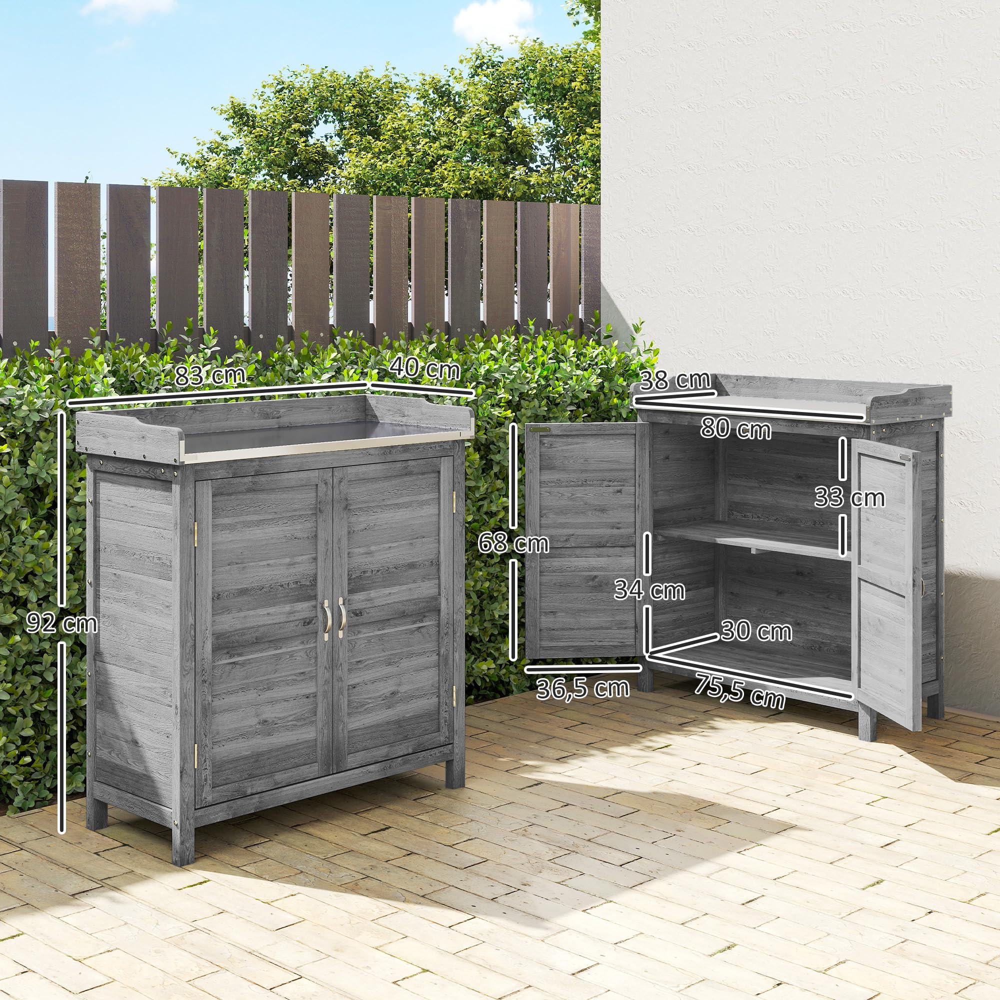 Outsunny Gartenschrank mit Pflanztisch, Holz Geräteschuppen, verzinkter Arbeitsplatte, wetterfest, 83 x 40 x 92cm Grau