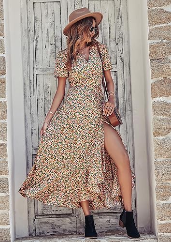 Miniatura 4 de PRETTYGARDEN - Vestido largo de verano cruzado para mujer, con cuello en V, estilo bohemio, floral, manga corta, dobladillo con volantes y con