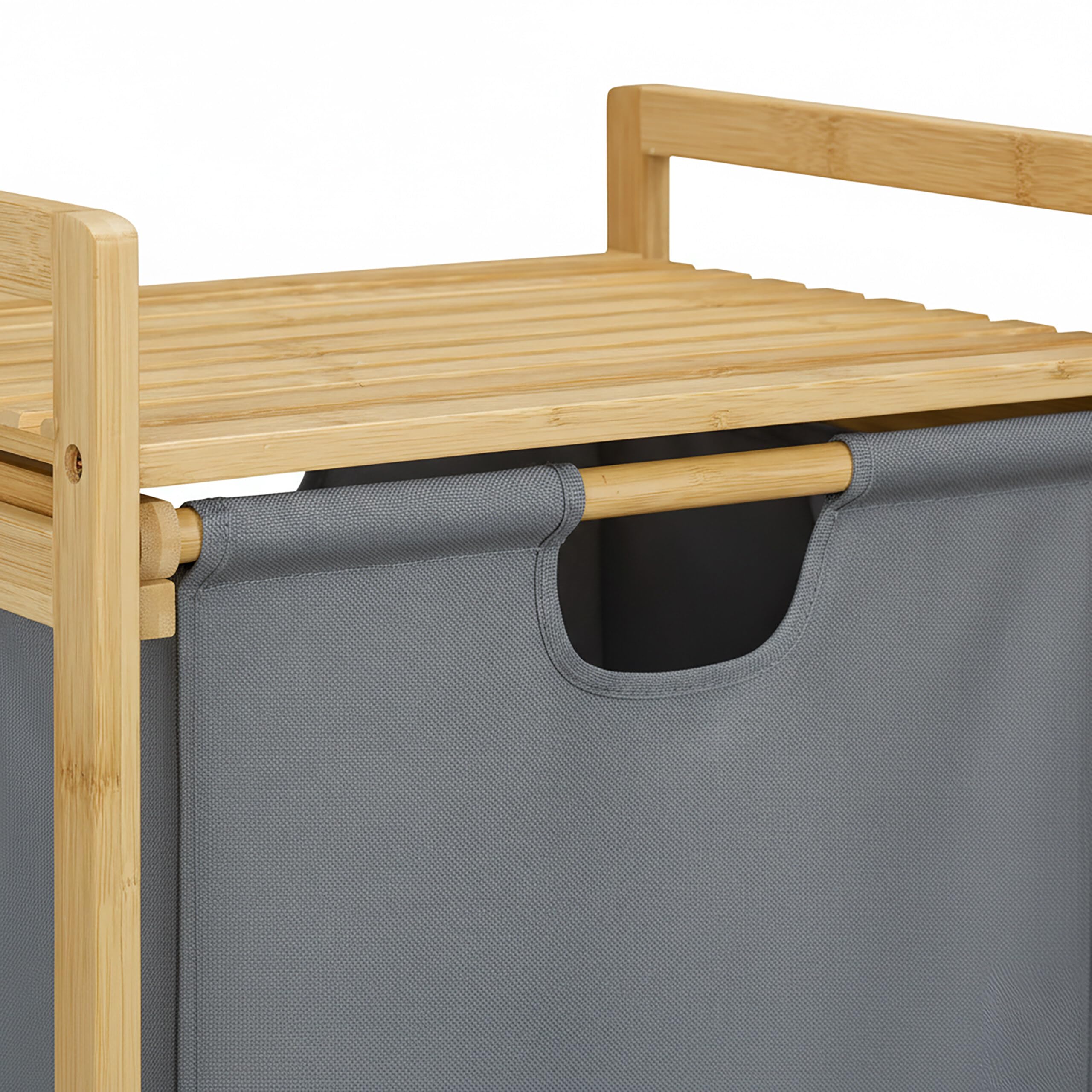 Relaxdays Wäschekorb, kippbarer Wäschesammler, 30 Liter, Ablage & Schublade, Bambus, Stoff, HBT: 95x40x33 cm, natur/grau