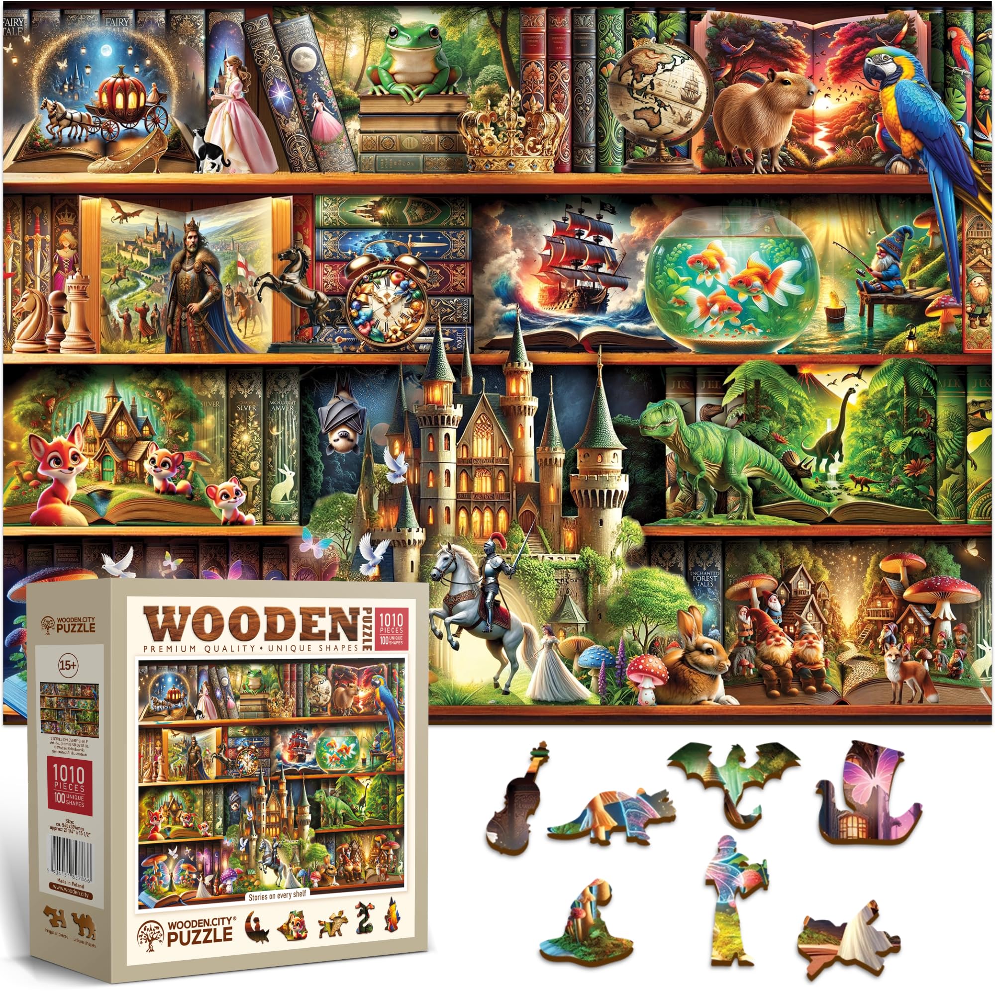 WOODEN.CITY 1000-Piece Wooden Jigsaw Puzzle, Unique Puzzle for Adults, Elegant Design, for Puzzle Lovers (Stories on Every Shelf)