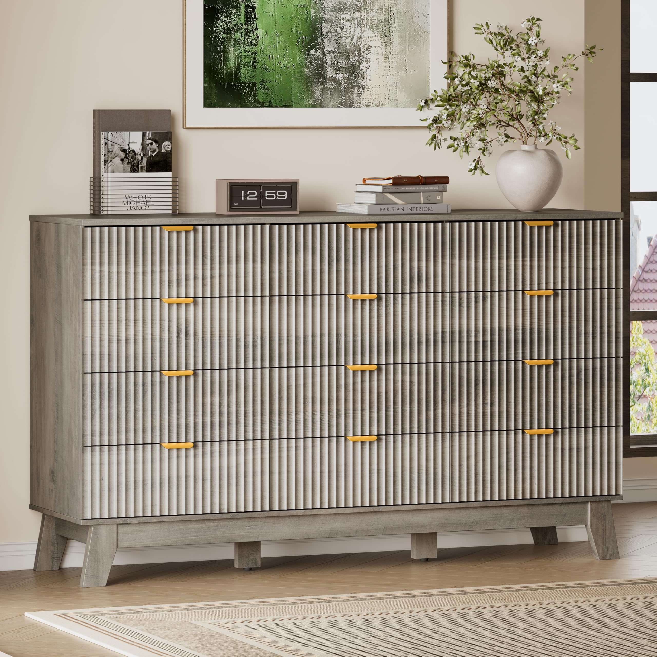 BORNOON 57" Wide Dresser for Bedroom, 12-Drawer Fluted Dresser with Metal Handles, Wood Chest of Drawers with Smooth Slides and Stable Base, Modern Storage Cabinet for Living Room, Nursery