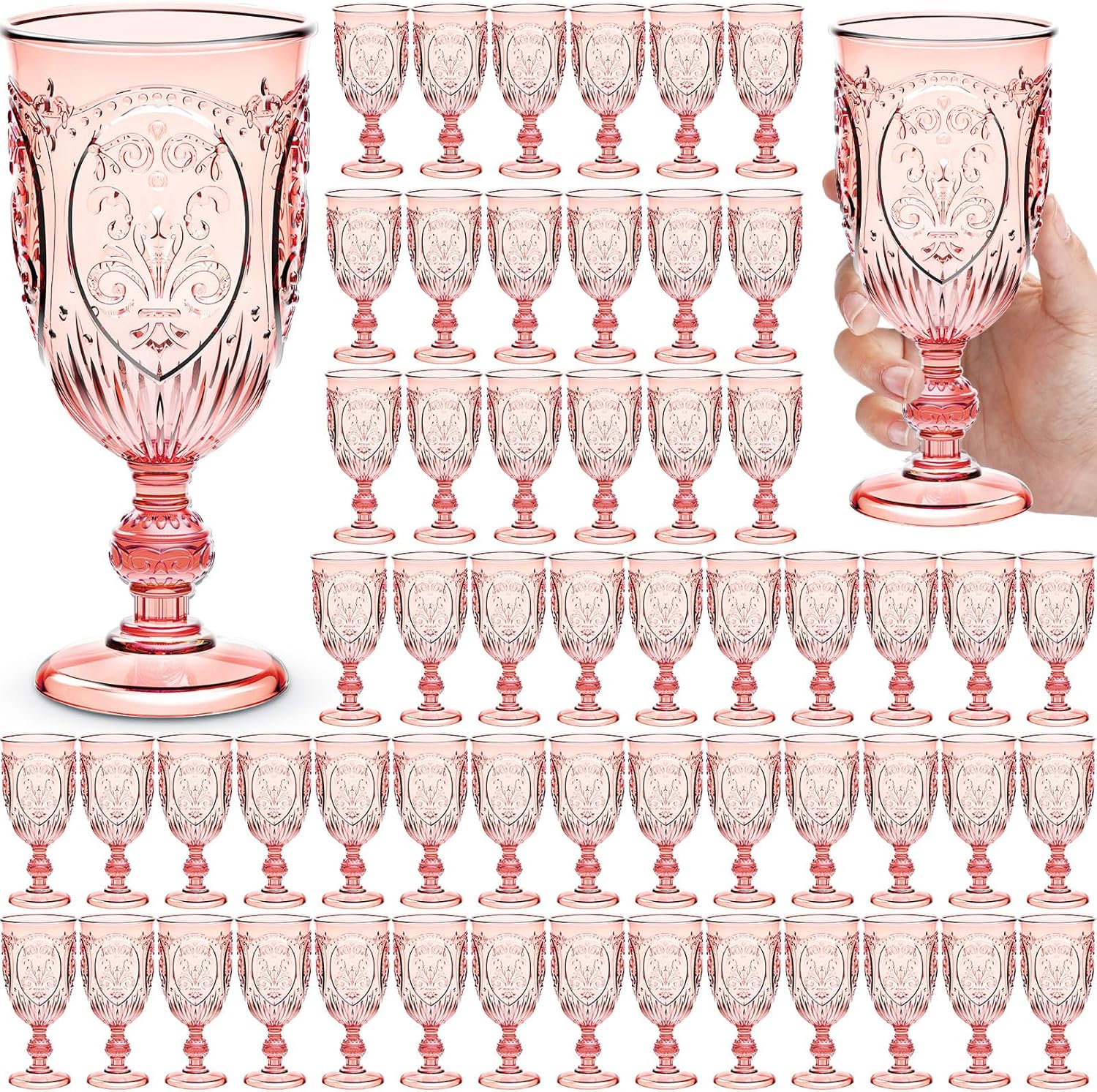 Wiwiqing 60 Pack Plastic Goblets 10oz Upgrade Vintage Water Goblet Plastic Wine Glasses Colored Retro Embossed Glassware for Party Wine Bar Juice Baby Shower Wedding Reception Grand (Pink)