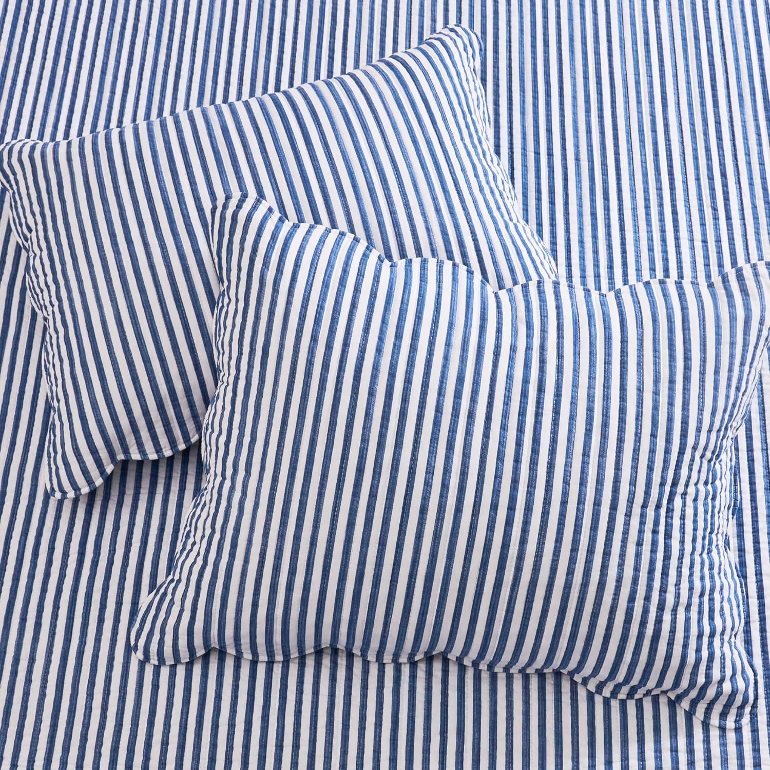 Levtex Home Martha Stripe Navy Reversible King/Cal King Quilt Set (106x92in) with 2 Pillow Shams (36x20in) - Stripe Bedding - Navy, White - Cotton King Size Quilt Bedding Set - Scalloped Edge