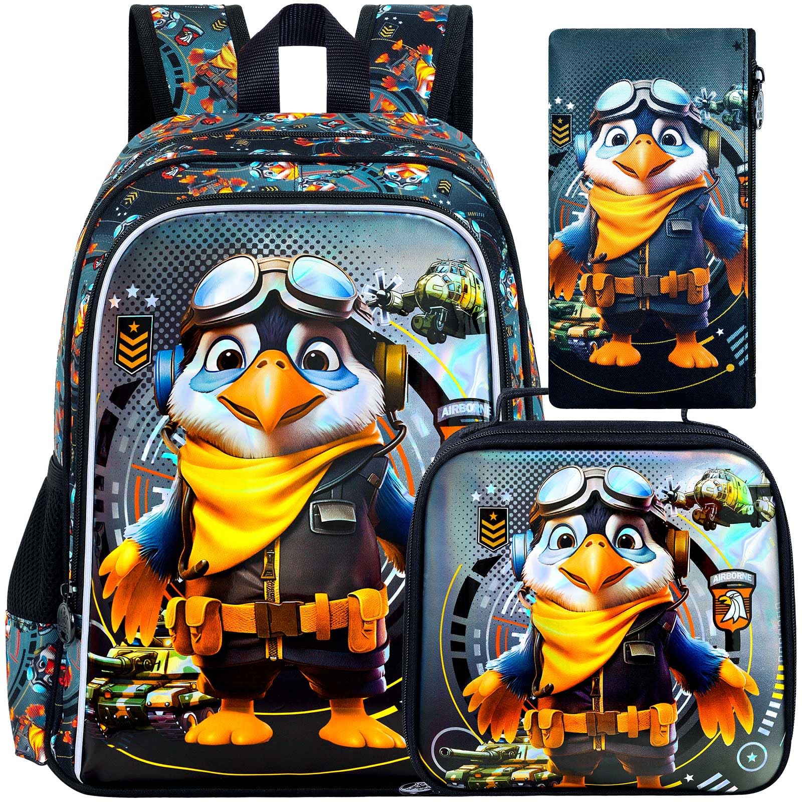 3Pcs Boys Backpack, 16" Eagle Bookbag for Elementary Preschool Kindergarten, Kids School Backpacks with Lunch Box(Black)