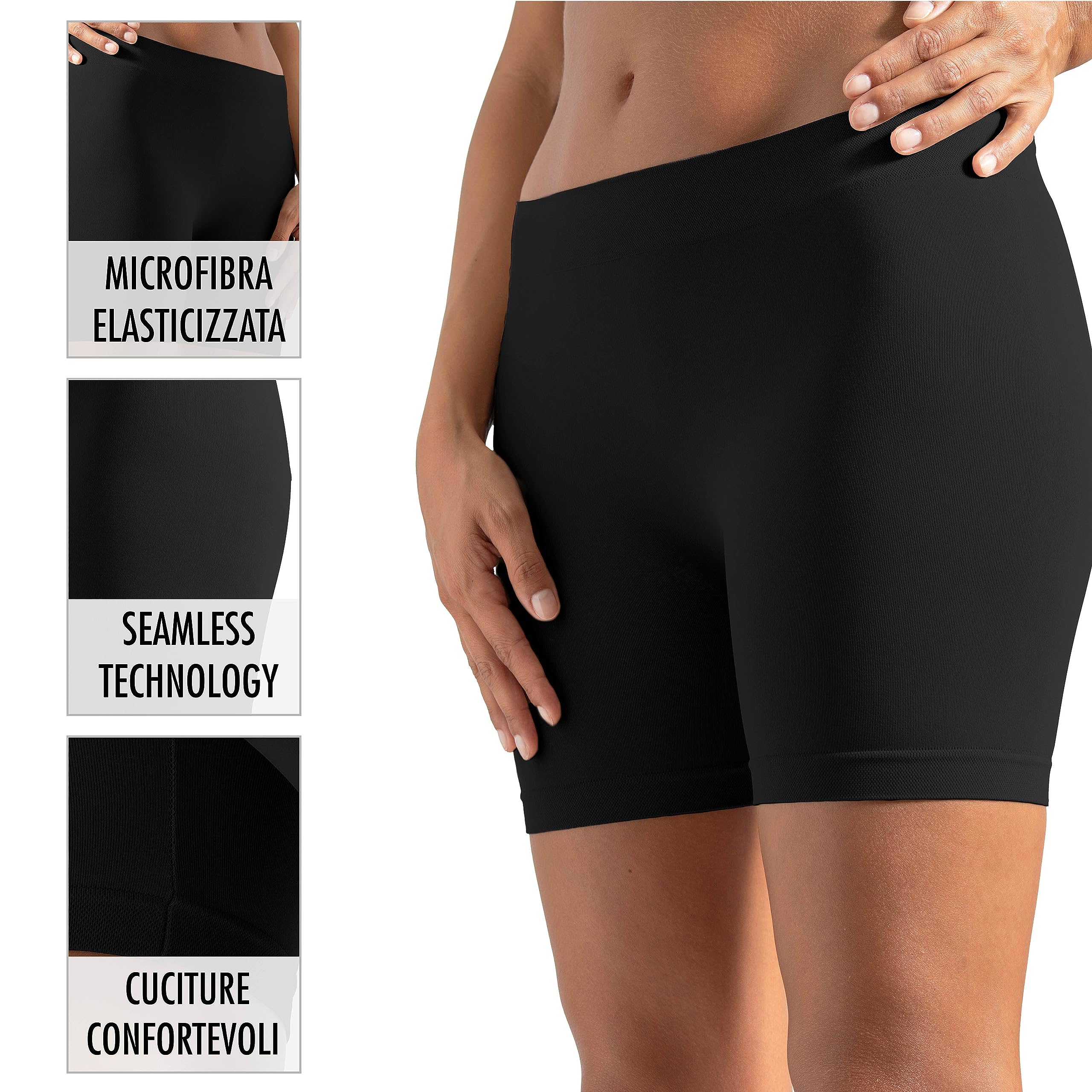 Risalti Pantaloncini Antisfregamento Donna Microfibra 3 pz- Pantaloncini Sottogonna Donna Elasticizzati, Antisfregamento Cosce Donna, Leggins Corti Donna, Shorts Senza Cuciture - 100% Made in Italy