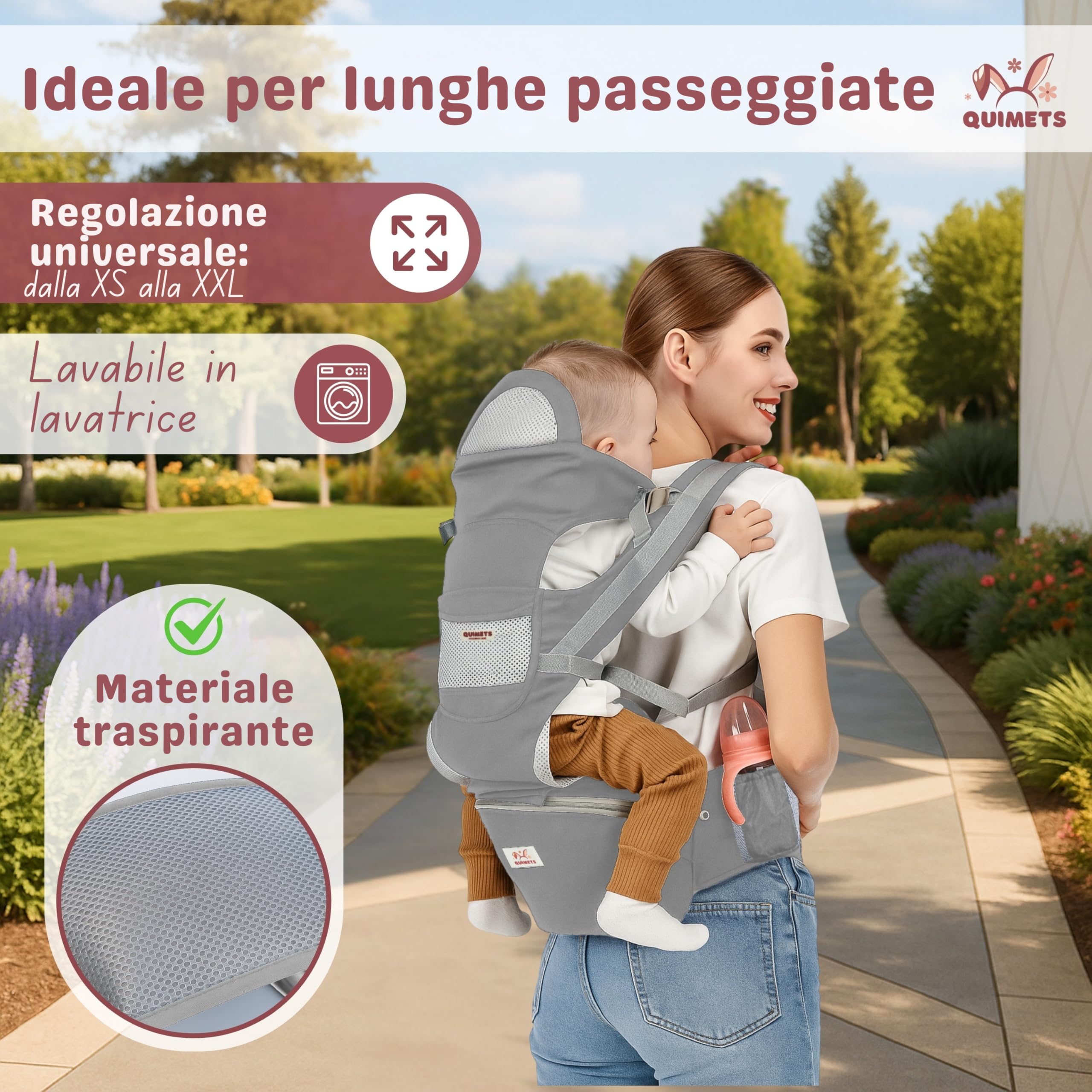 Marsupio neonato 0-36 mesi ergonomico 6 in 1 – Zaino porta bambino regolabile con seduta removibile, supporto lombare, tessuto traspirante e mussola in omaggio