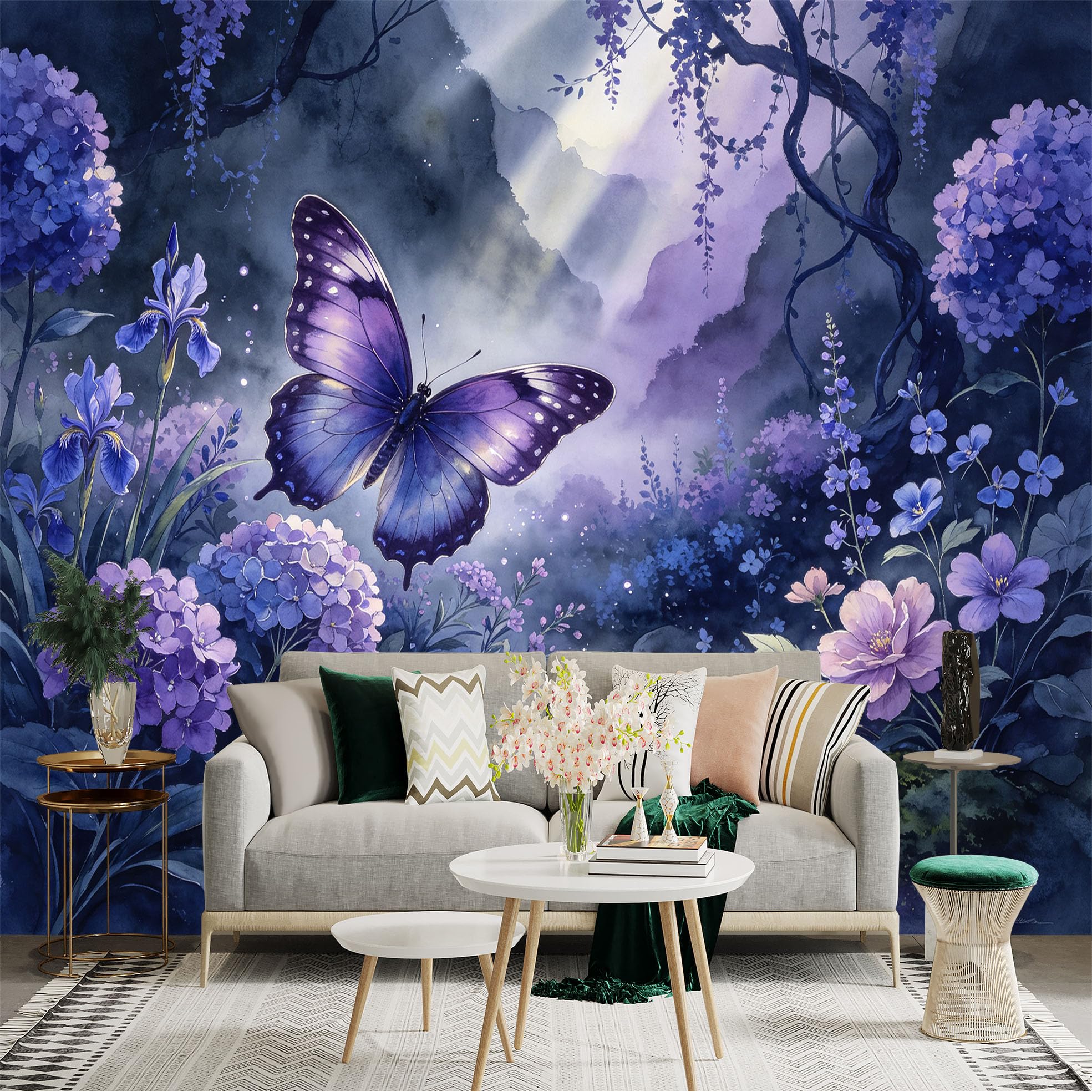 Lnzczhyre Bh260719516 Custom Size Wall Sticker Mural， Purple Butterfly In Misty Forest， Hydrangea Blooms And Flowing Stream， For Wall Decoration， Peelandstick Wall Decals.