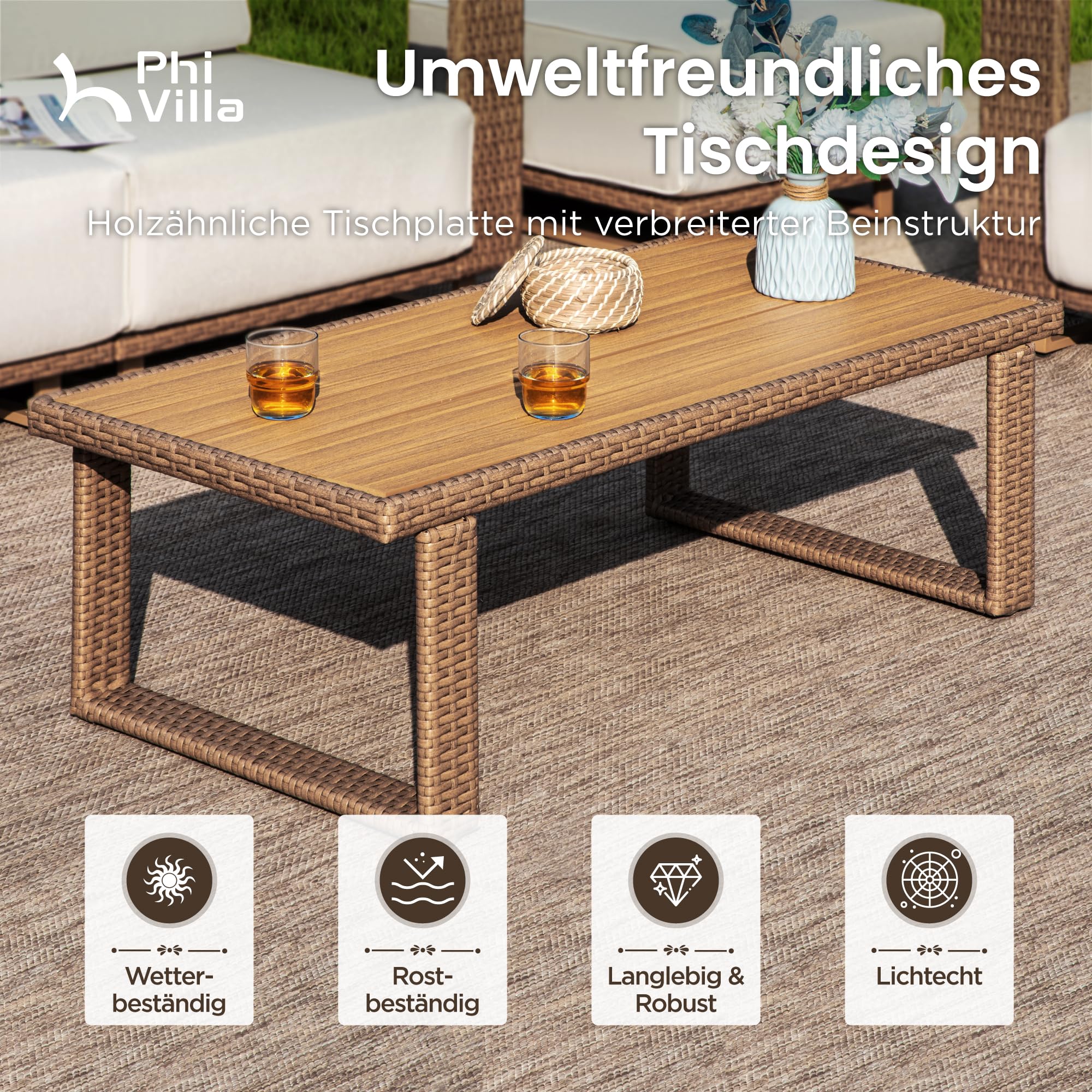 PHI VILLA Rattan Gartenmöbel Set Balkonmöbel für 4, Lounge Möbel Outdoor Sofa Sets für Garten und Terrasse, Allwetter Gartensofa Terassenmöbel Außen mit Dicken Weißen Kissen und Couchtisch
