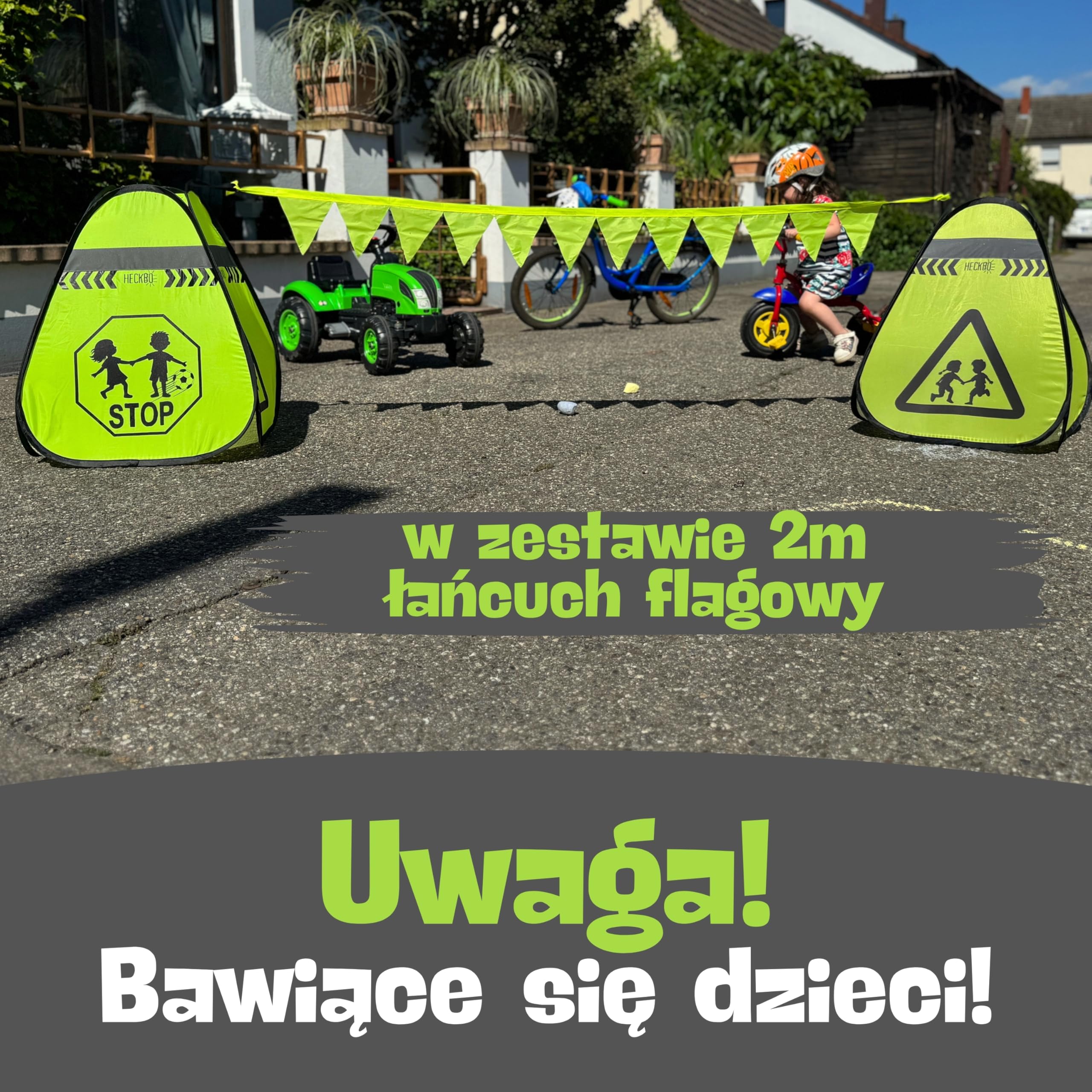 HECKBO 2x Pylony Uwaga Dzieci Znak Pylony do zabawy Pylony + Łańcuch chorągiewek - Pylony uliczne dla dzieci Zestaw bezpieczeństwa dla dzieci