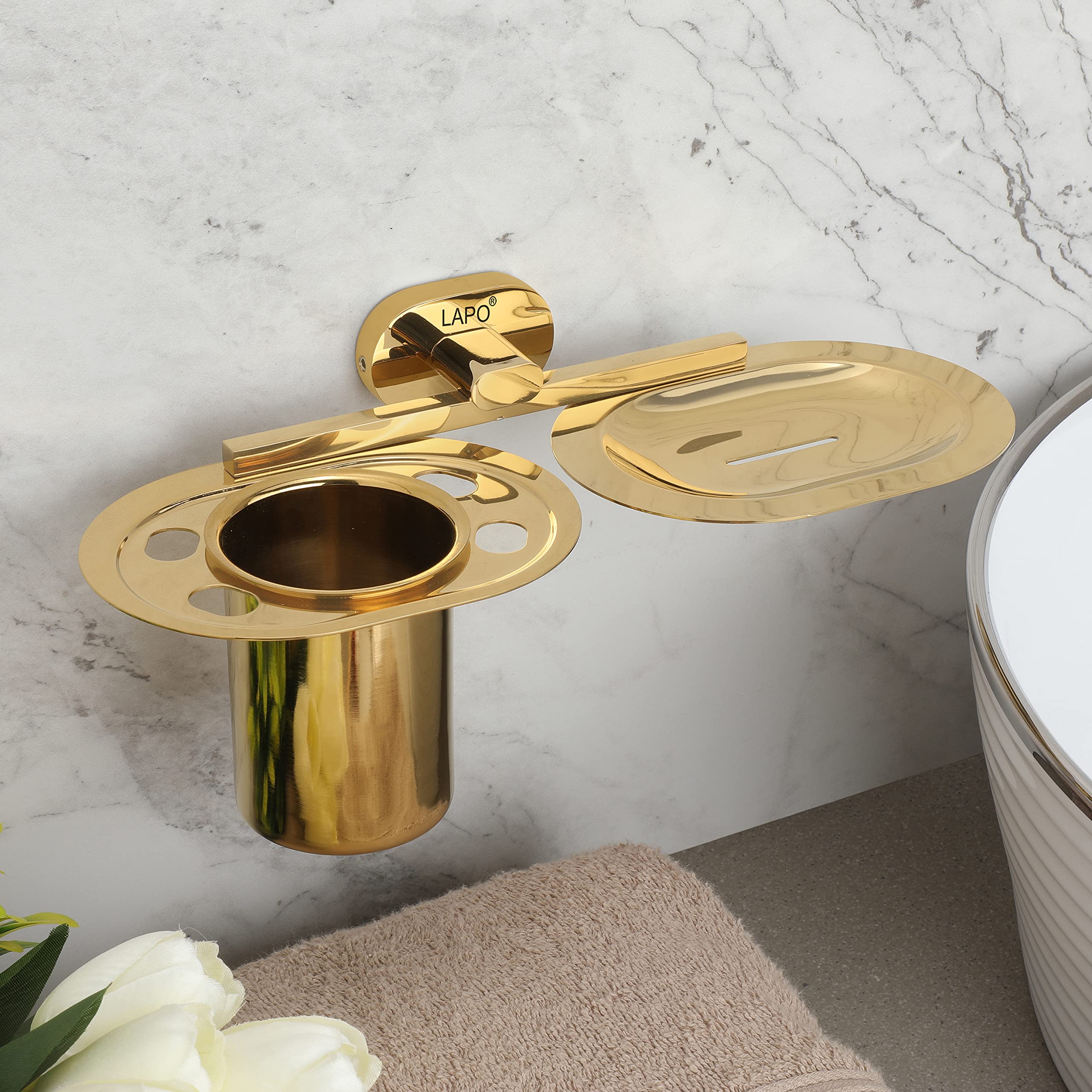 LAPO Stainless Steel 304 Grade Soap Holder with Brush Holder for Bathroom | Soap Dish with Tumbler Holder Bathroom Accessories(Gold Finish) (B0C1VN56HW) Amazon Price History, Amazon Price Tracker