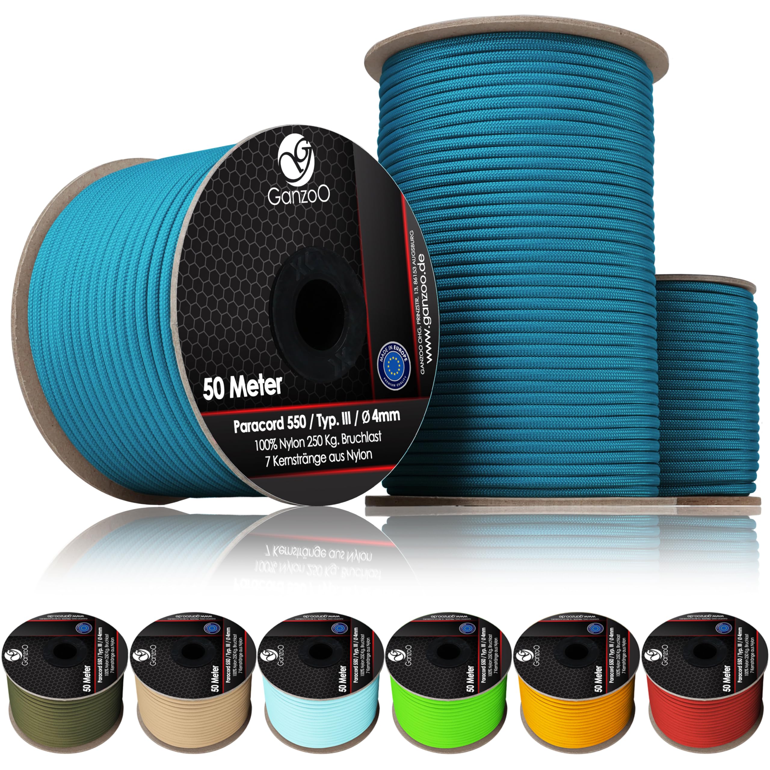 Ganzoo Cuerda Paracord 550 Tipo 3 100% Nailon, Turquesa, 4 mm, Rollo 100 m, 7 Hilos internos y Cubierta Trenzada 32 hebras, para Nudos, Reparar, Atar, Camping, Collar y Correa Perro