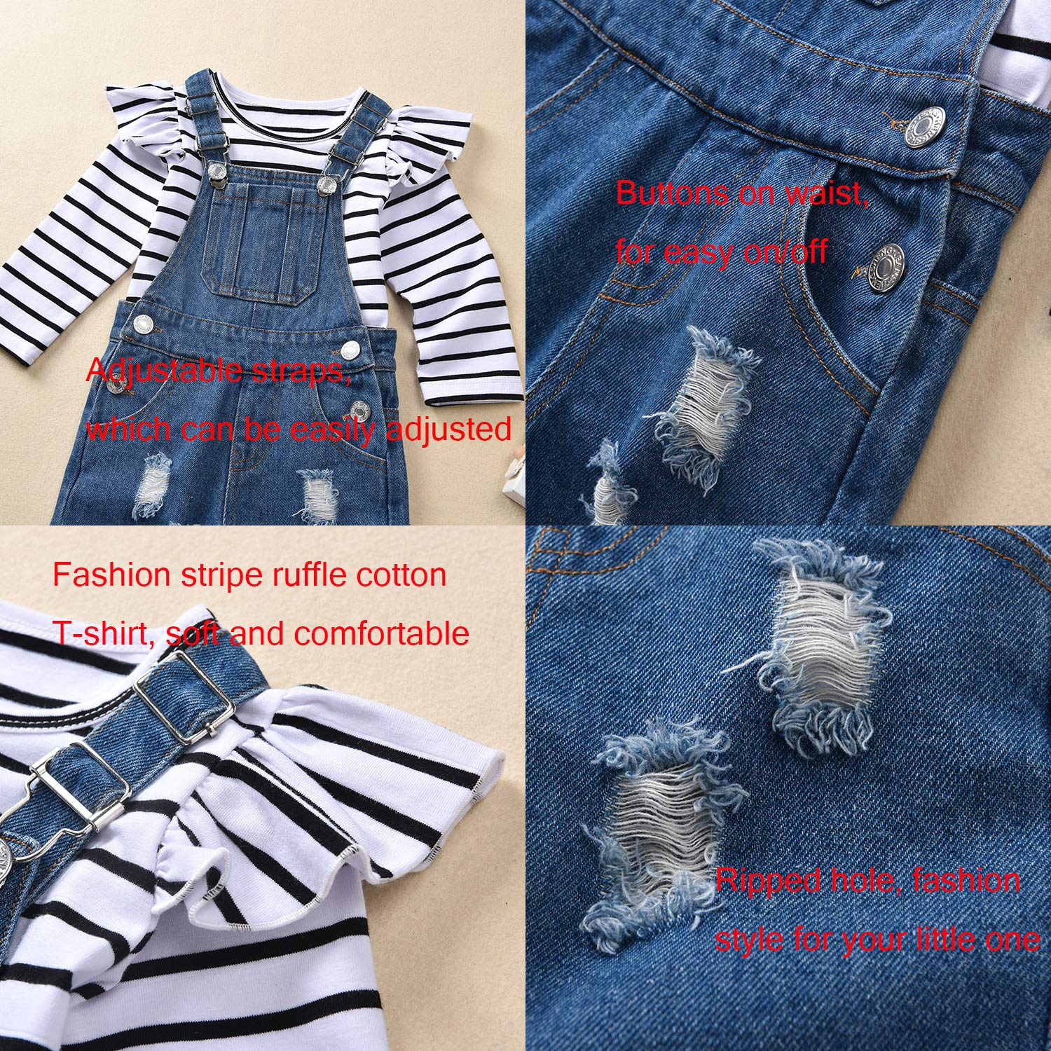 2 piezas de ropa de bebé niña mono mamelucos ajustables rasgados pantalones vaqueros conjunto con manga larga raya camiseta - azul - 12 -18 meses
