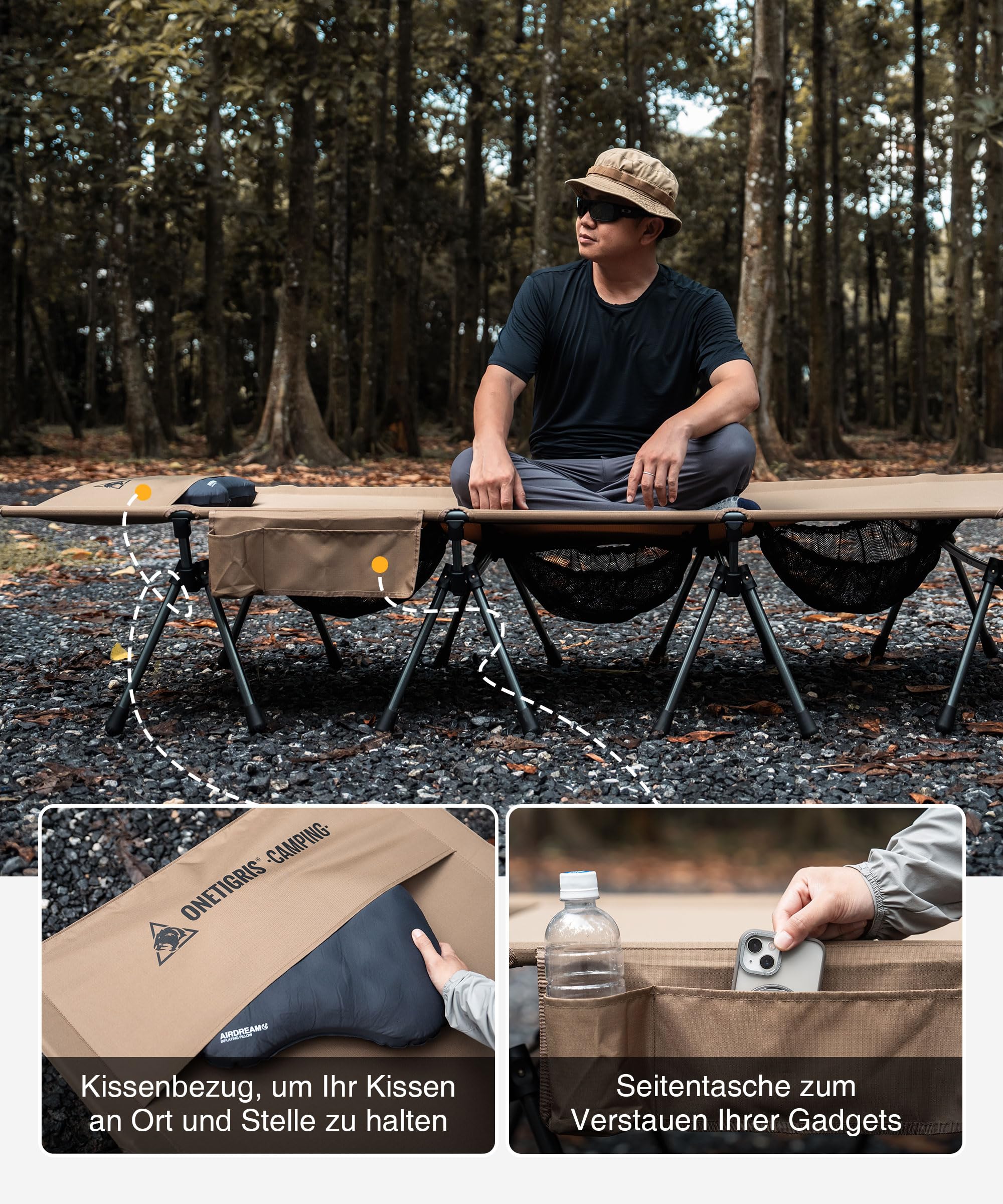 OneTigris SUPRATIROS Lit de camp pliable XXL portable et léger jusqu'à 180 kg pour tente, extérieur, voyage, jardin, bureau (220 x 80 cm)