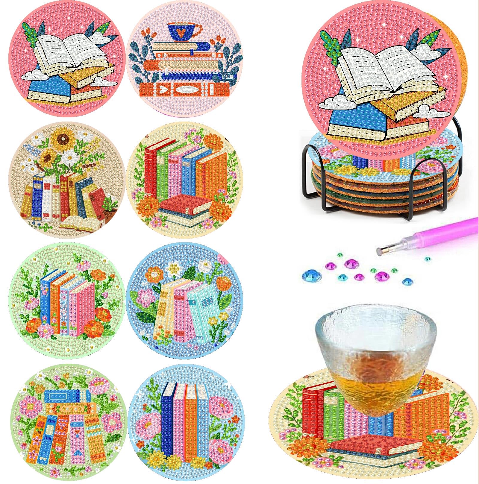 GJSZZO 8PCS Books Diamond Art Coasters for Adults, DIY Books Wooden Coffee Diamond Painting Coasters with Holder, Non Slip Mosaic Dot Painting Coaster with Cork Pads for Beginners 4x4 Inch