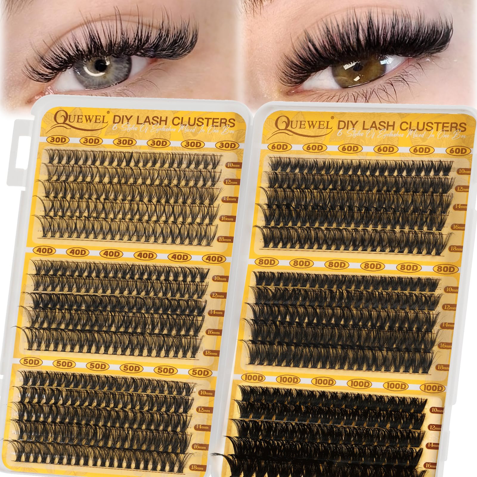 QUEWEL 580PCS Eyelash Clusters 30D 40D 50D 60D 80D 100D Wispy Lash Clusters 10-18mm Cluster Lashes Individual Lashes