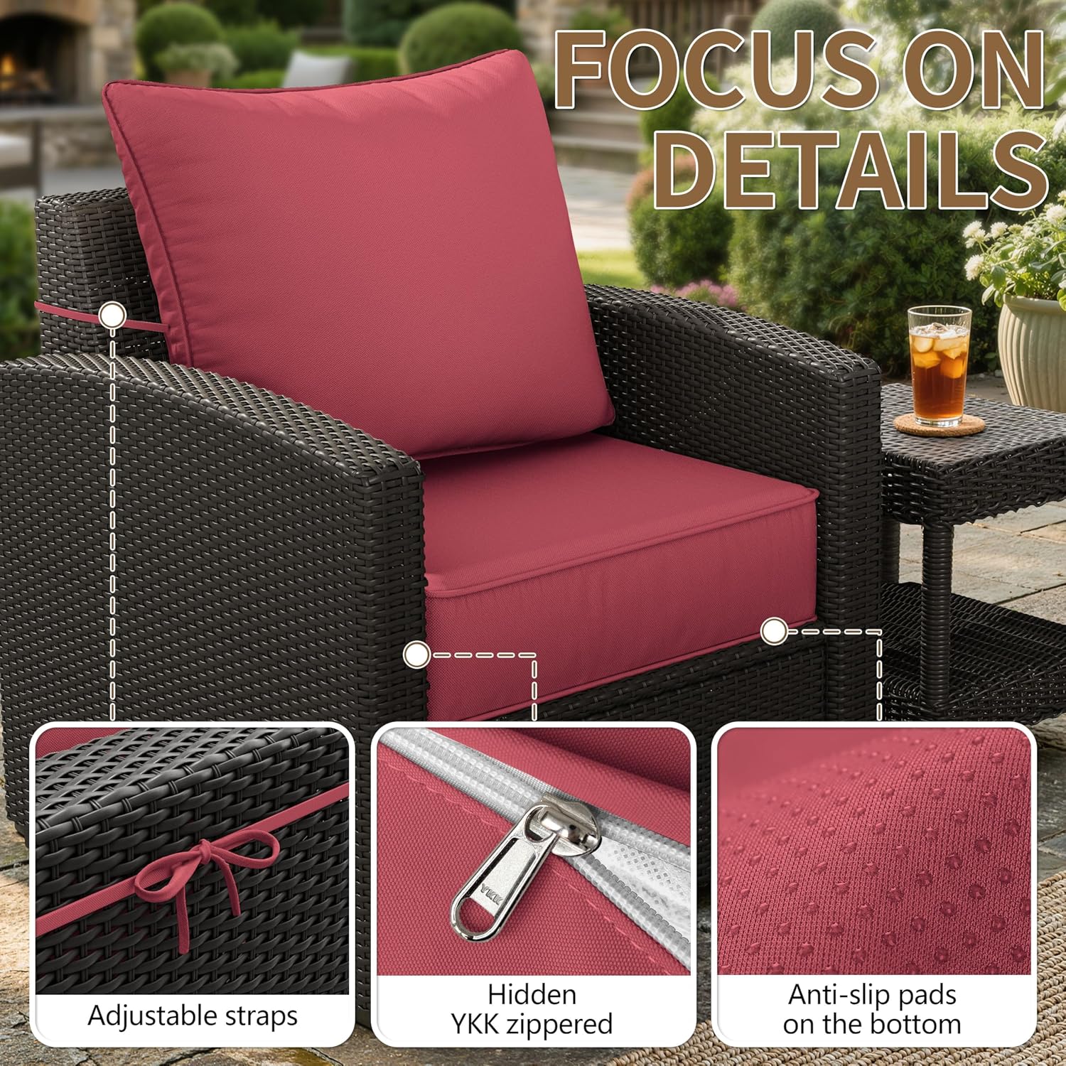 Outdoor Seat Cushion Set 24 x 24 x6.5 Inch Splash-Proof & Fade Resistant Patio Furniture Cushions with Removable Cover Deep Seat & Back Cushion with Straps for Chair Sofa Couch