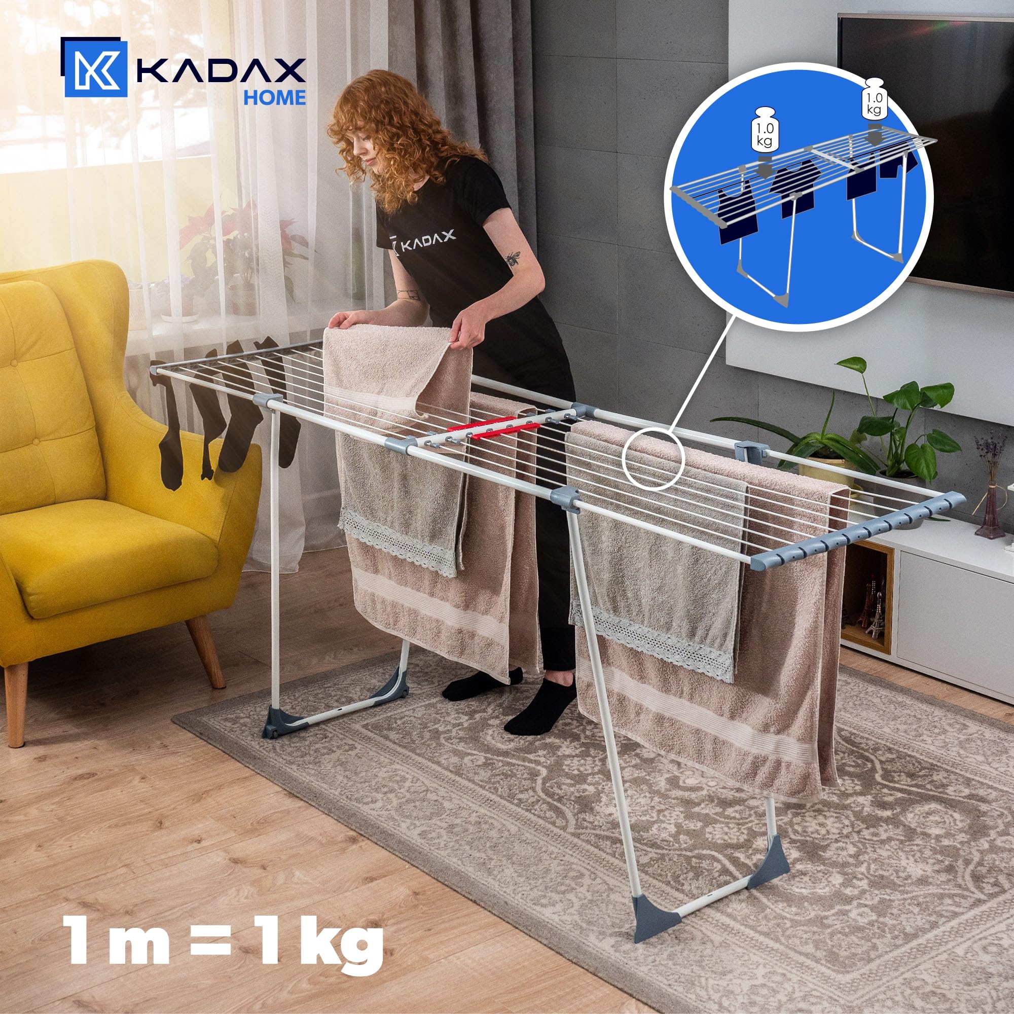 KADAX Étendoir a Linge 20 metres, Support de Sechage sur Pieds, Sechoir Pliable pour Maximiser l'espace de Sechage, Etendoir Telescopique (Gris)
